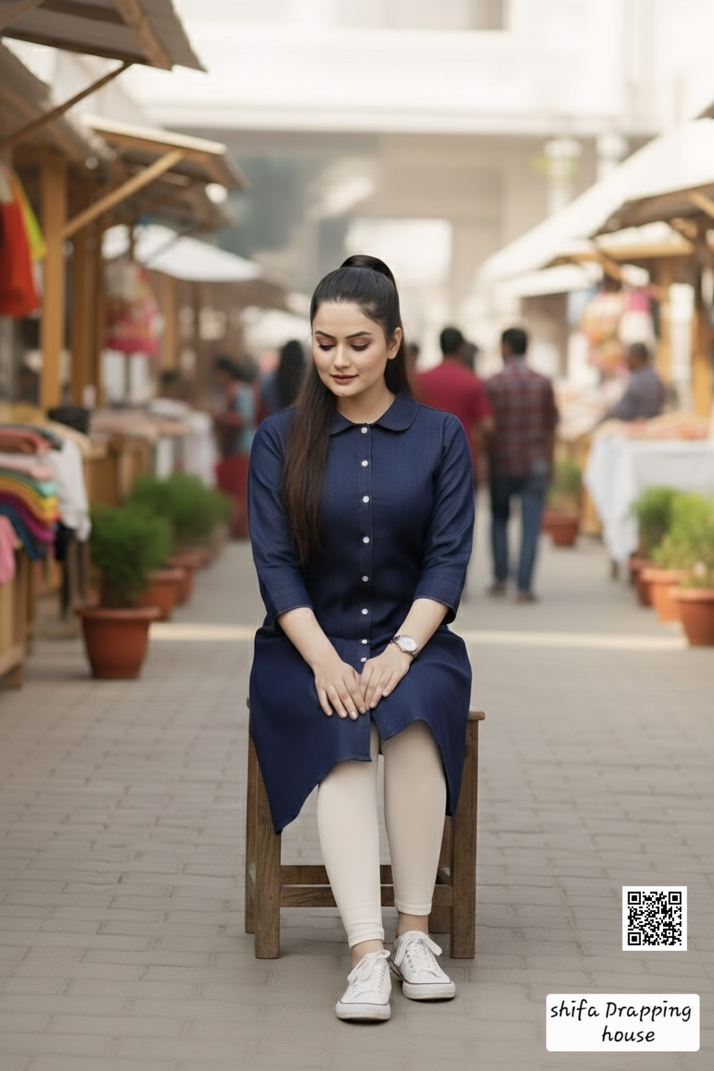 Luxury Navy Blue Denim Midi with Baby Collar & Princess Cut