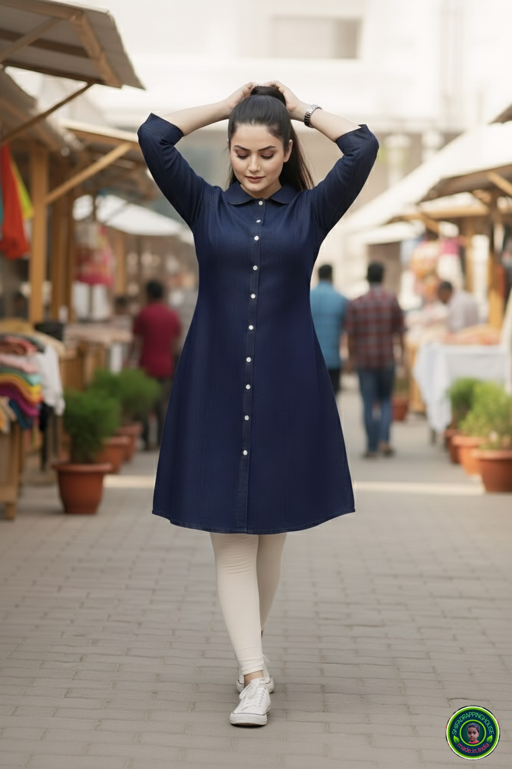 Luxury Navy Blue Denim Midi with Baby Collar & Princess Cut