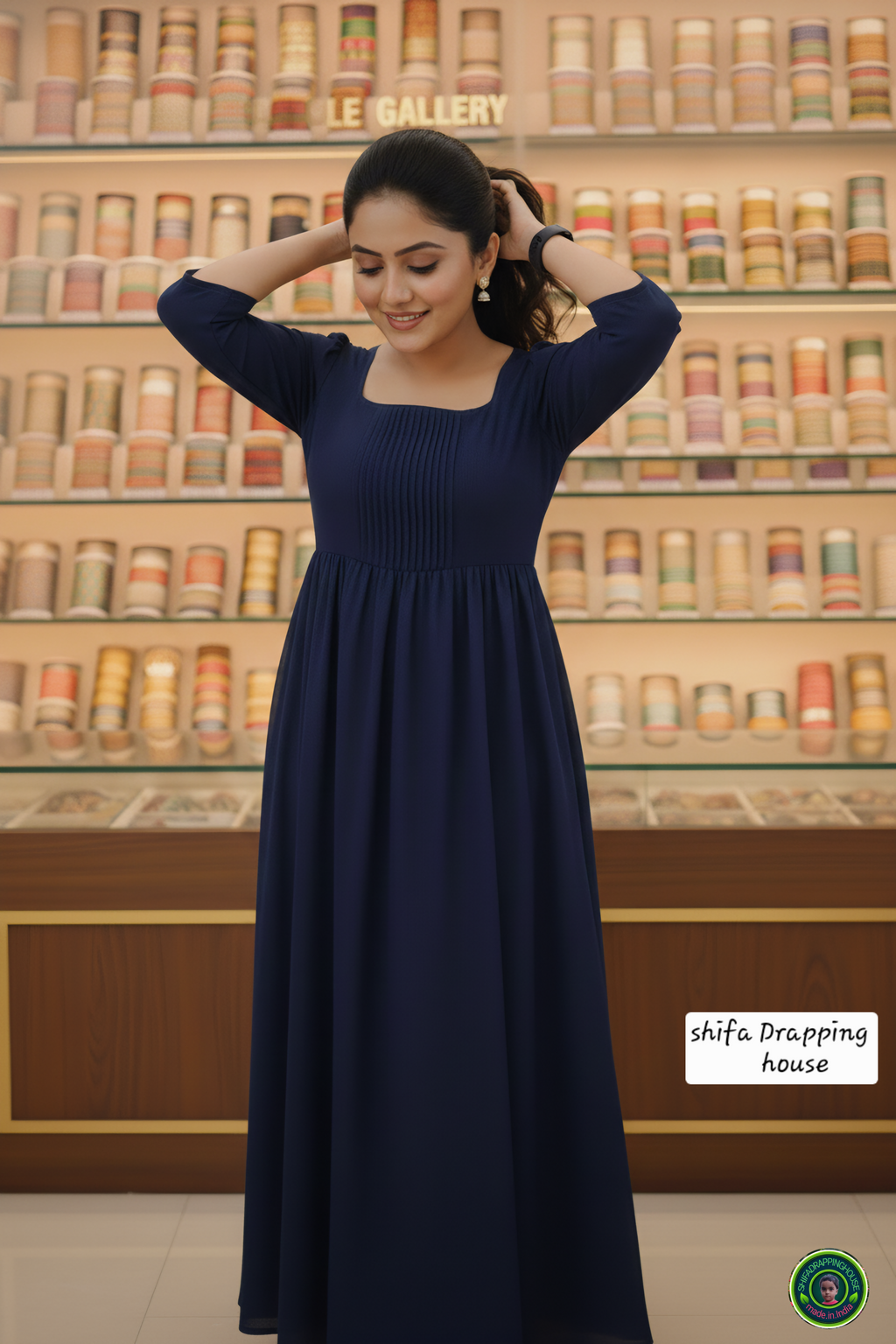 Shifa Drapping House Special: Sophisticated Navy Denim Summer Gown