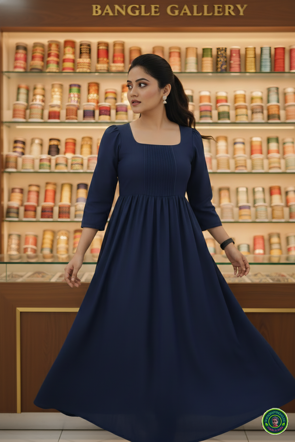 Shifa Drapping House Special: Sophisticated Navy Denim Summer Gown