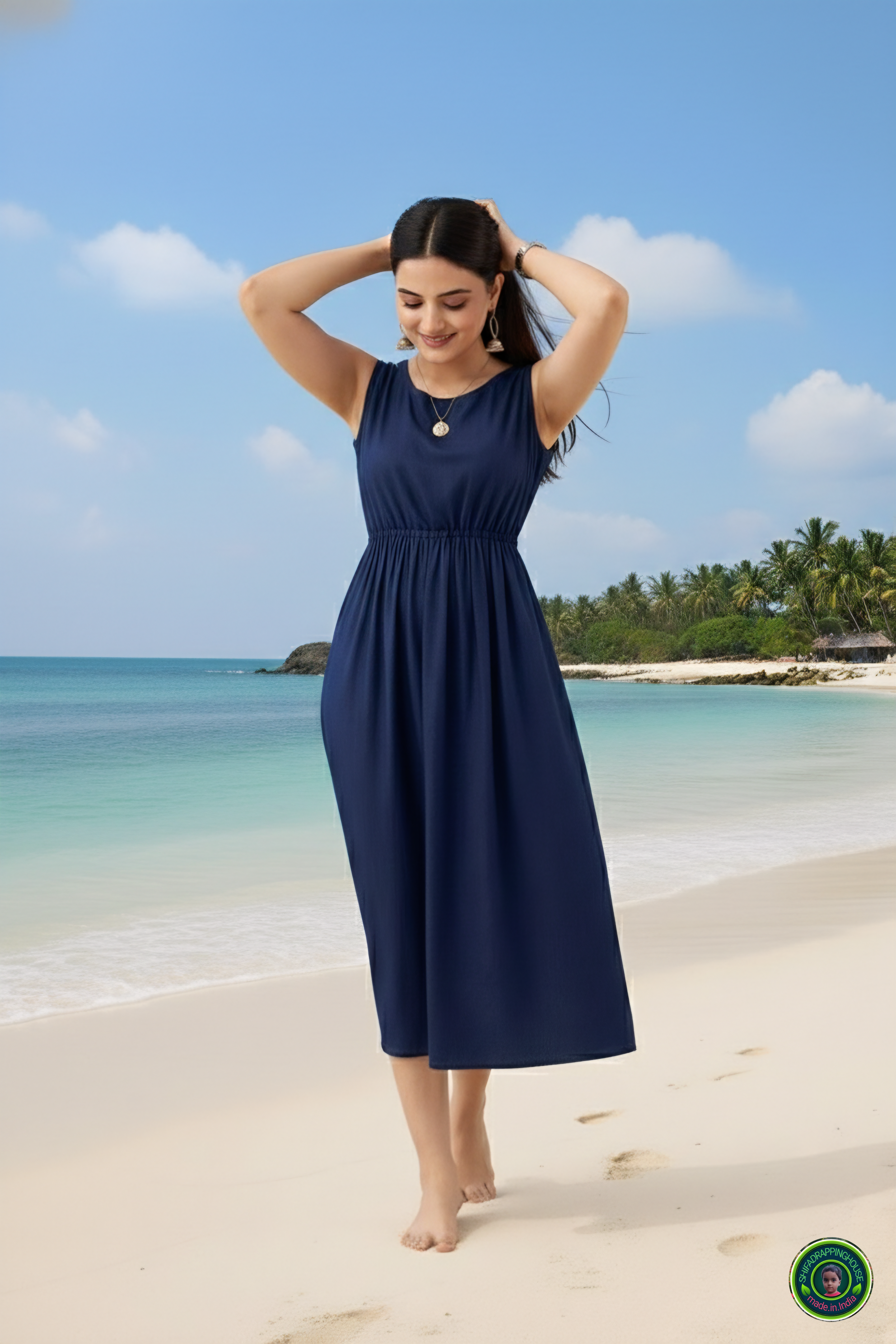 Luxury Navy Blue Denim Sleeveless Midi – Essential Tourist & Beach Wear