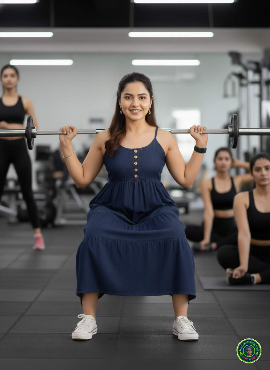 Indo-Western Navy Denim Step Dress – Perfect for Home, Gym & Office