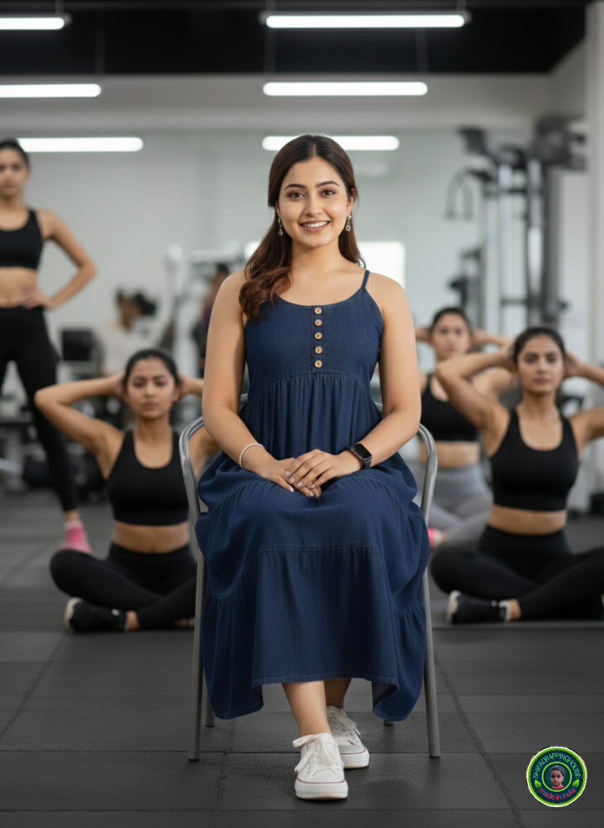 Indo-Western Navy Denim Step Dress – Perfect for Home, Gym & Office