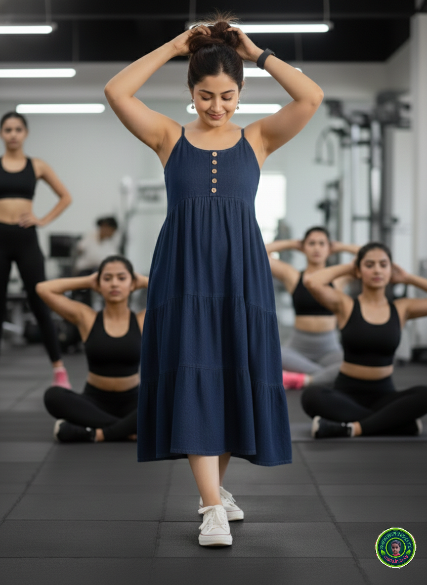 Indo-Western Navy Denim Step Dress – Perfect for Home, Gym & Office