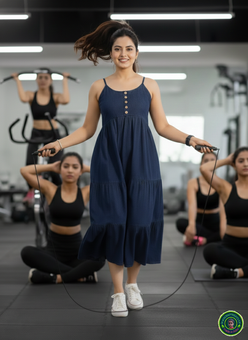 Indo-Western Navy Denim Step Dress – Perfect for Home, Gym & Office