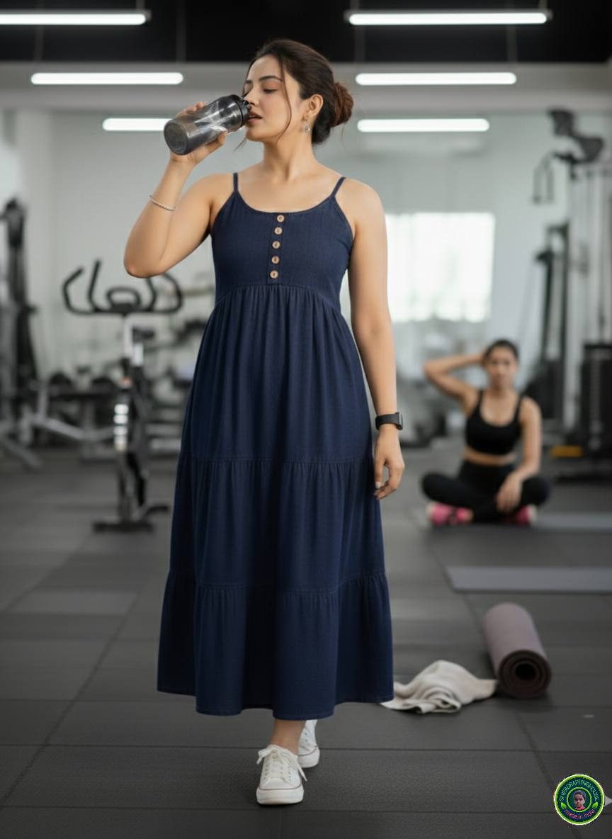 Indo-Western Navy Denim Step Dress – Perfect for Home, Gym & Office