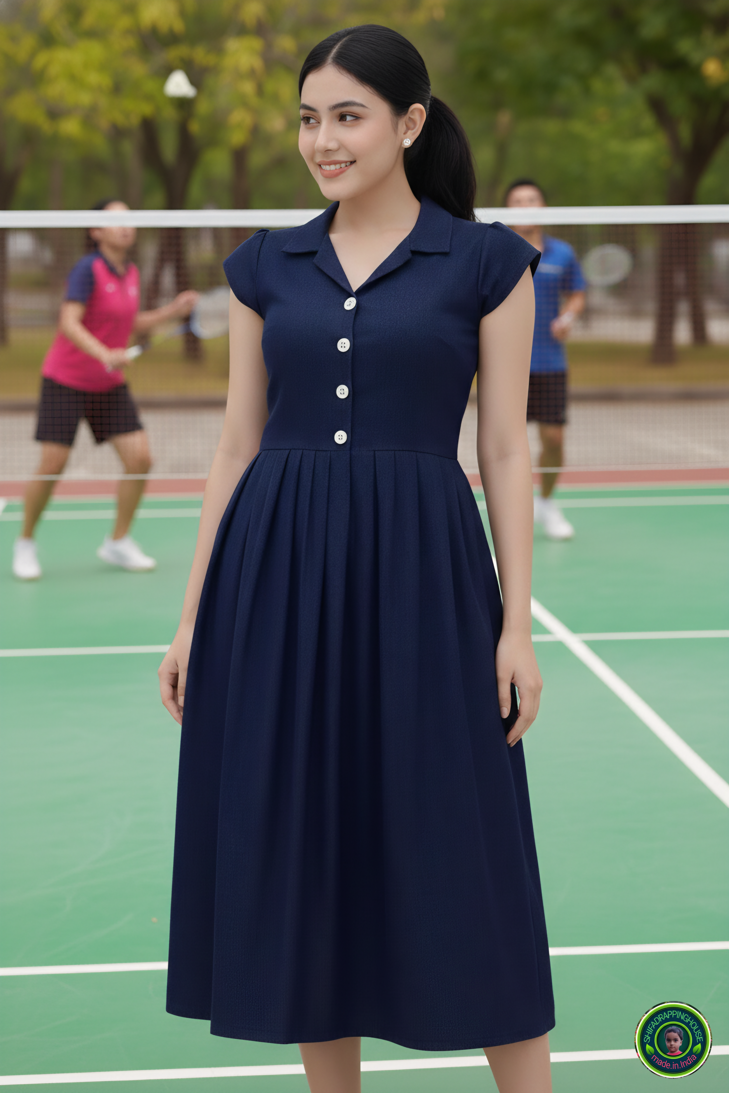 The Tennis Ace: Navy Blue Denim Midi with Jacket Collar & Cap Sleeves