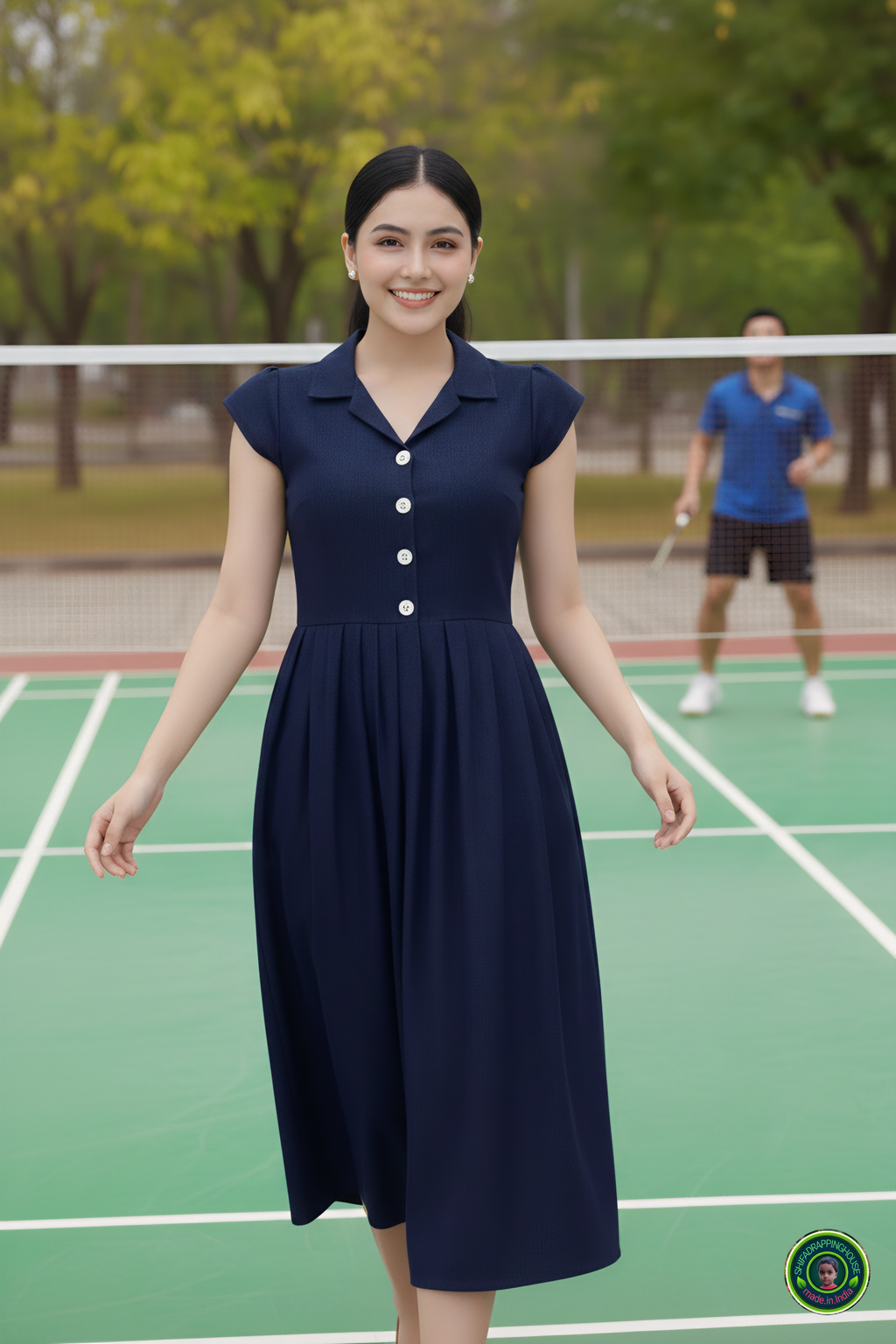 The Tennis Ace: Navy Blue Denim Midi with Jacket Collar & Cap Sleeves
