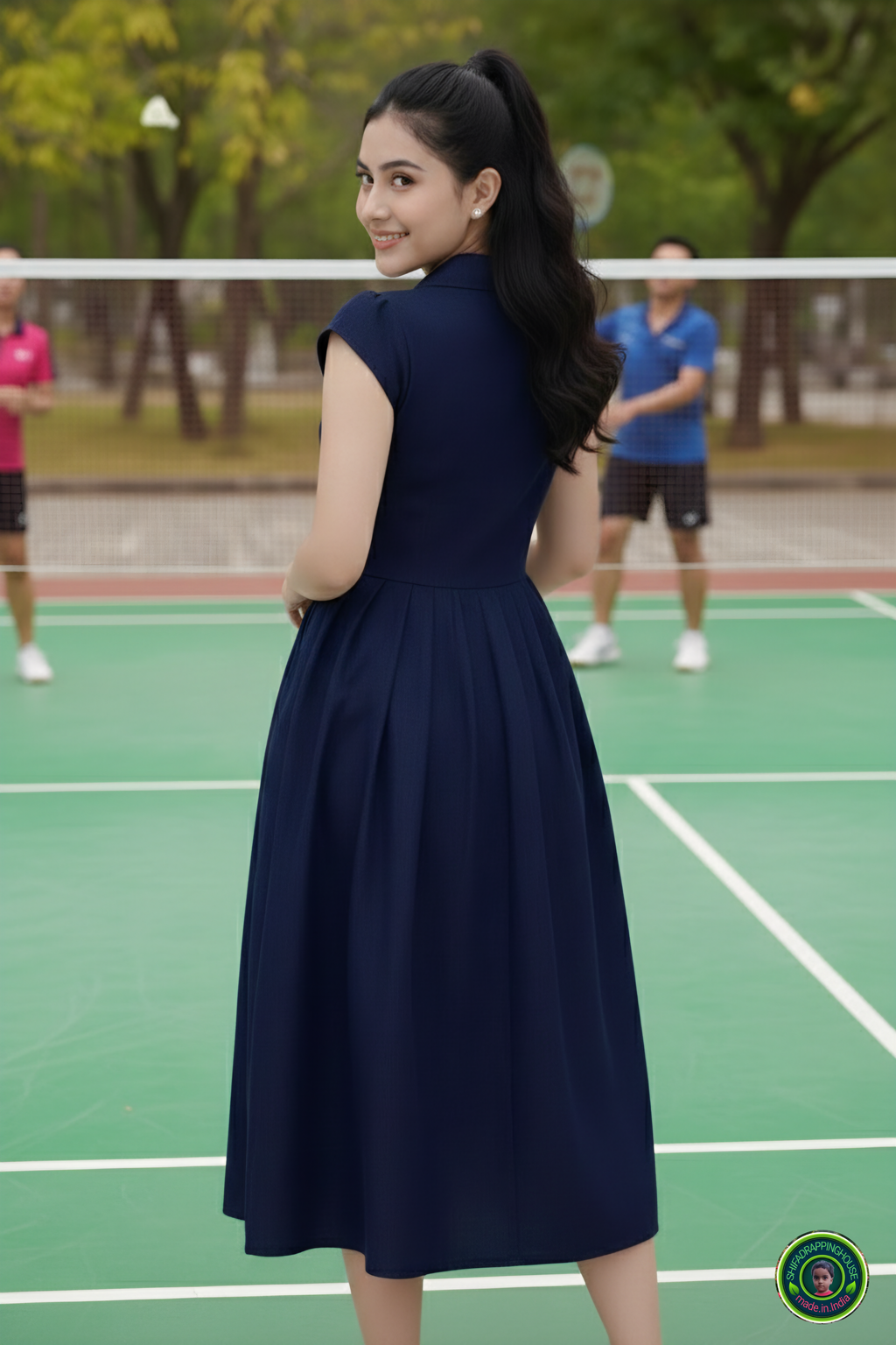 The Tennis Ace: Navy Blue Denim Midi with Jacket Collar & Cap Sleeves