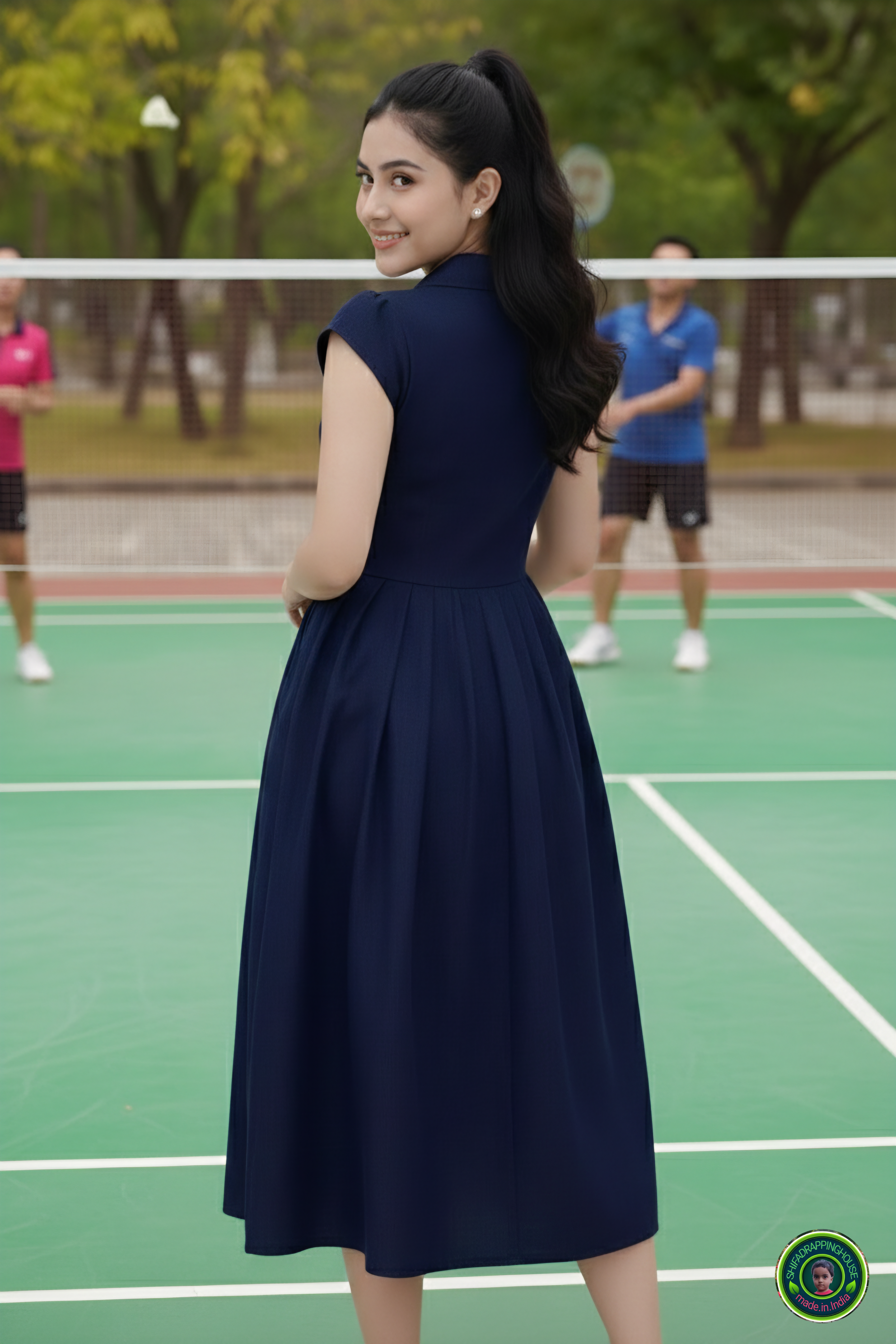 The Tennis Ace: Navy Blue Denim Midi with Jacket Collar & Cap Sleeves