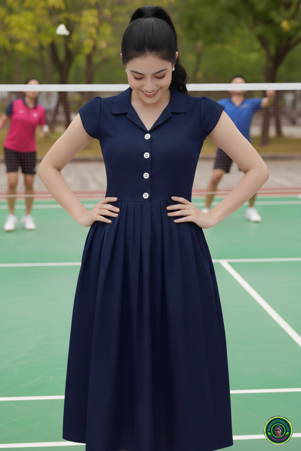 The Tennis Ace: Navy Blue Denim Midi with Jacket Collar & Cap Sleeves
