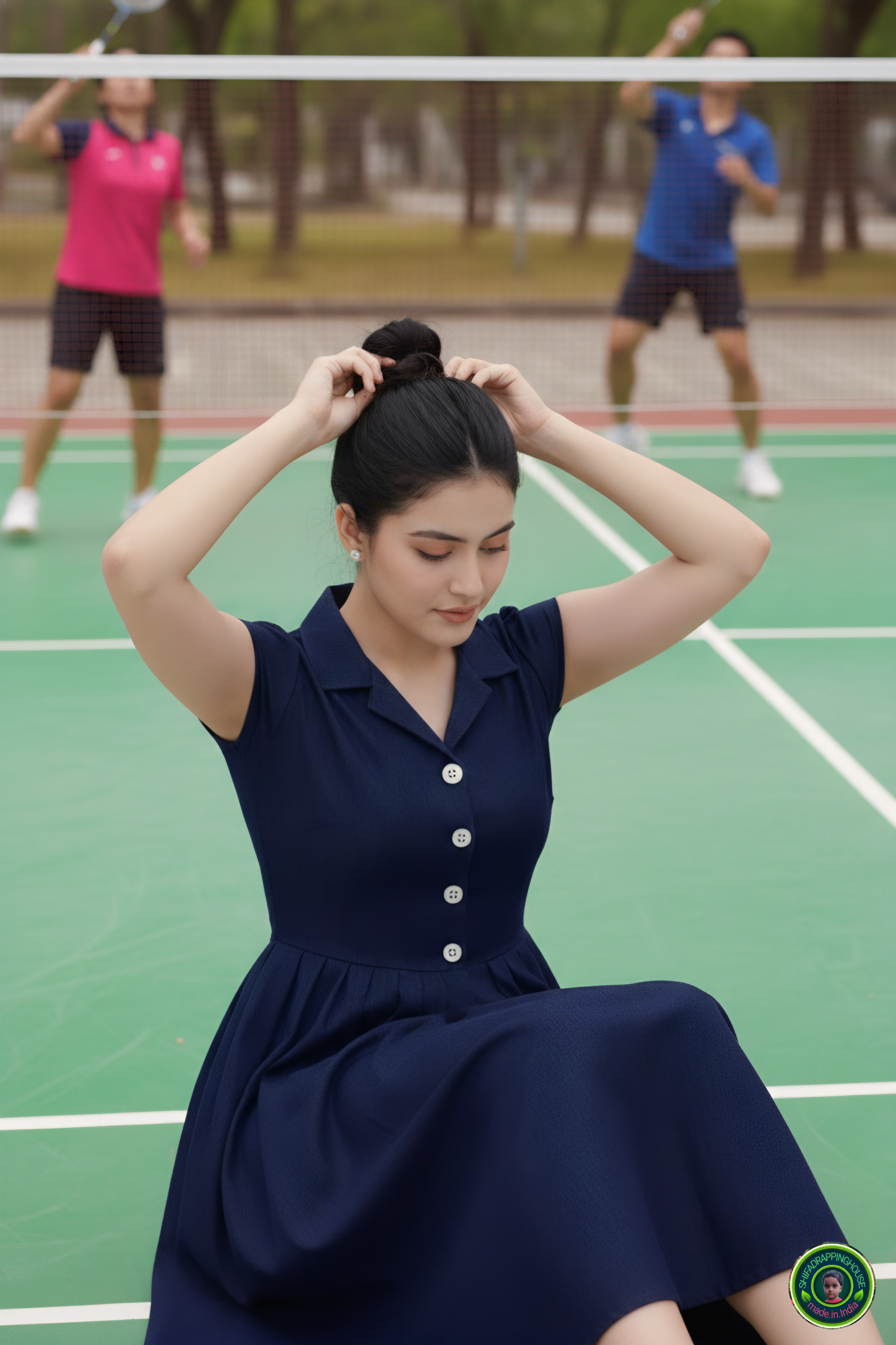 The Tennis Ace: Navy Blue Denim Midi with Jacket Collar & Cap Sleeves