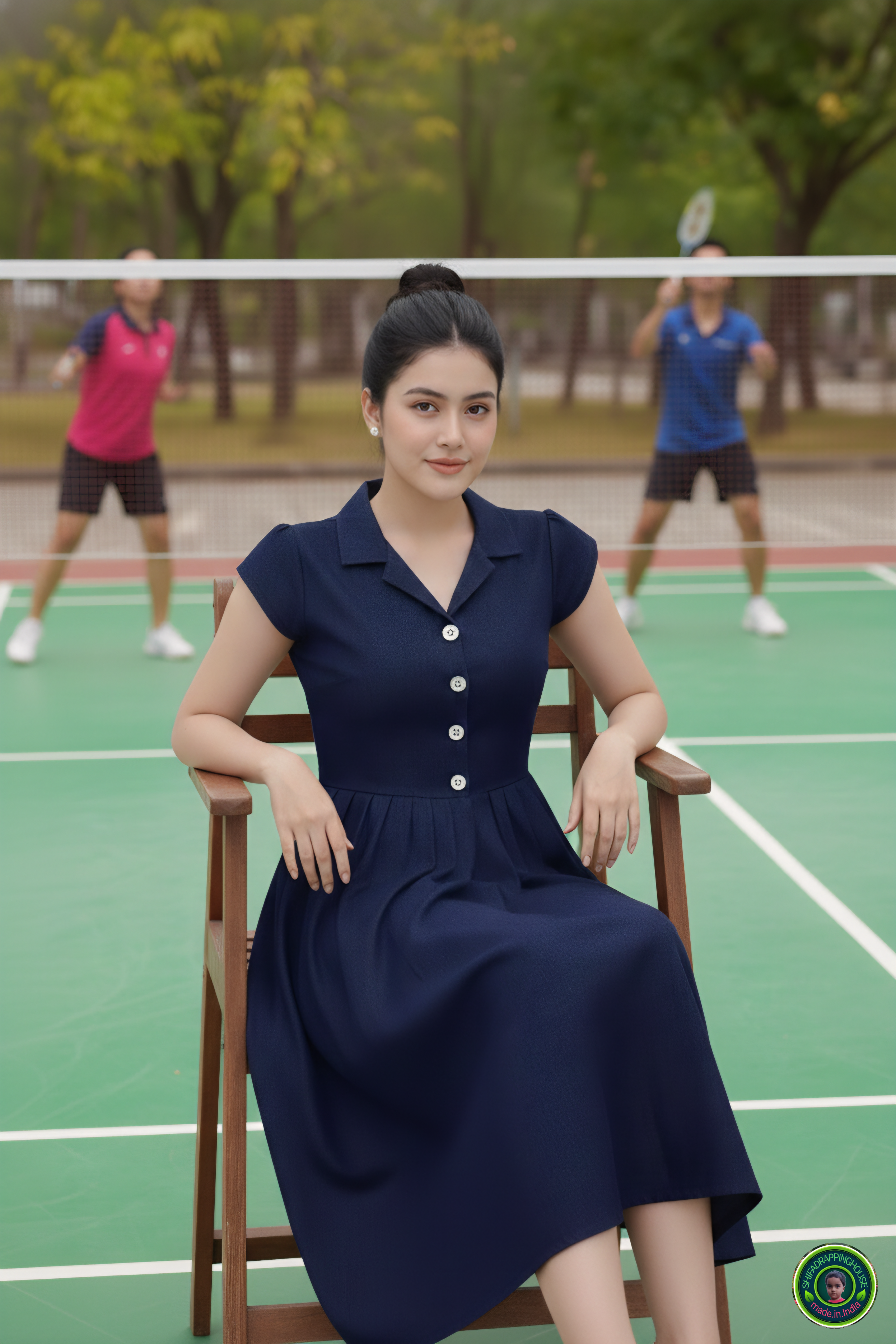 The Tennis Ace: Navy Blue Denim Midi with Jacket Collar & Cap Sleeves