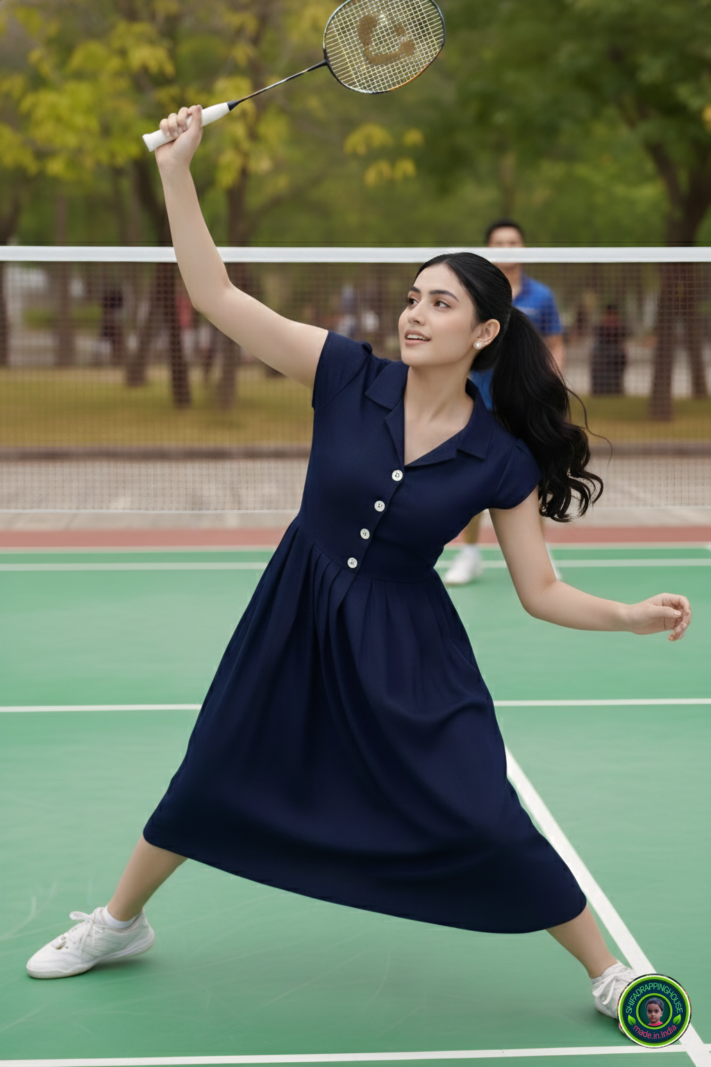 The Tennis Ace: Navy Blue Denim Midi with Jacket Collar & Cap Sleeves