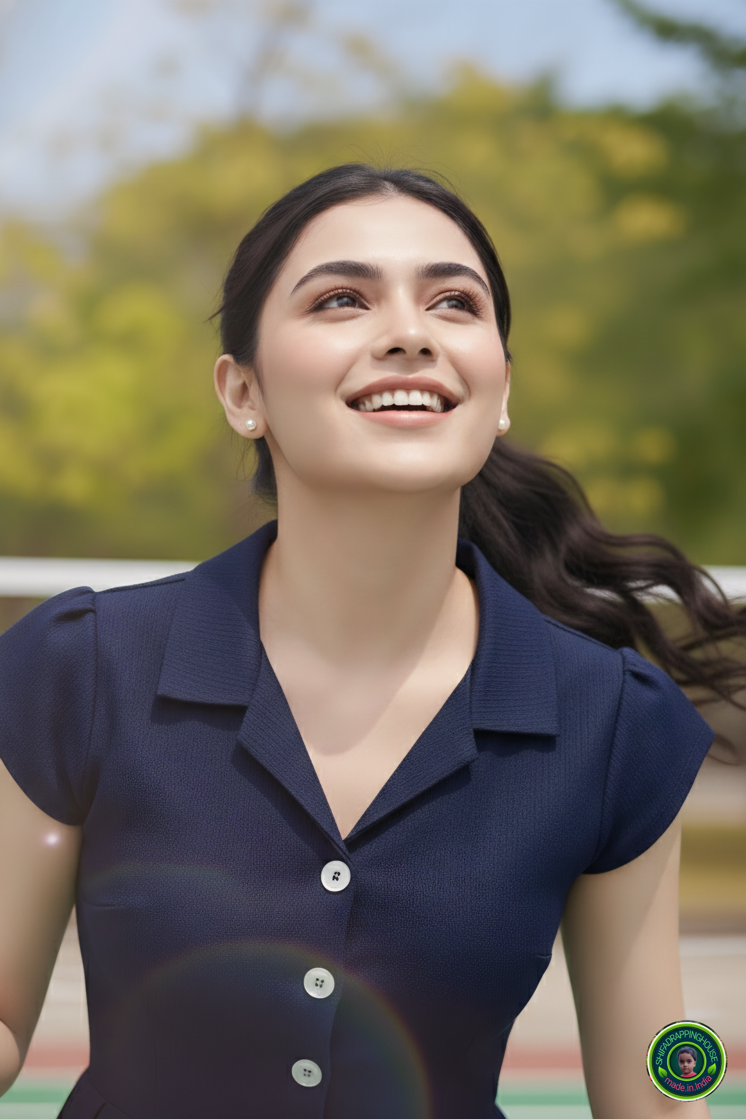 The Tennis Ace: Navy Blue Denim Midi with Jacket Collar & Cap Sleeves