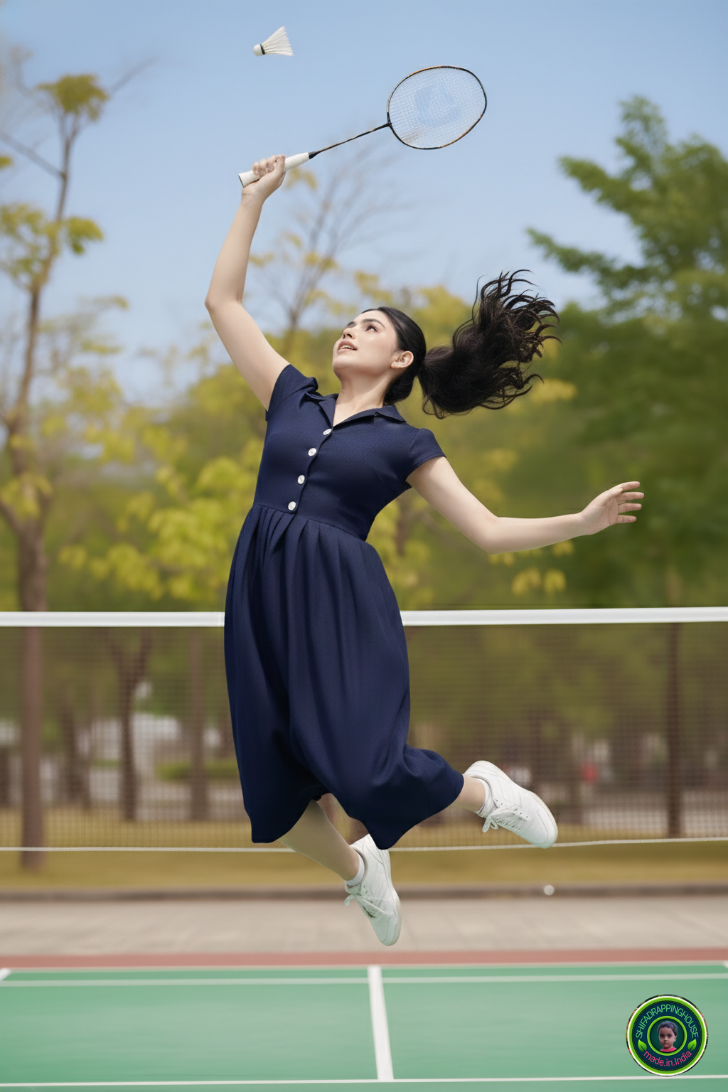 The Tennis Ace: Navy Blue Denim Midi with Jacket Collar & Cap Sleeves