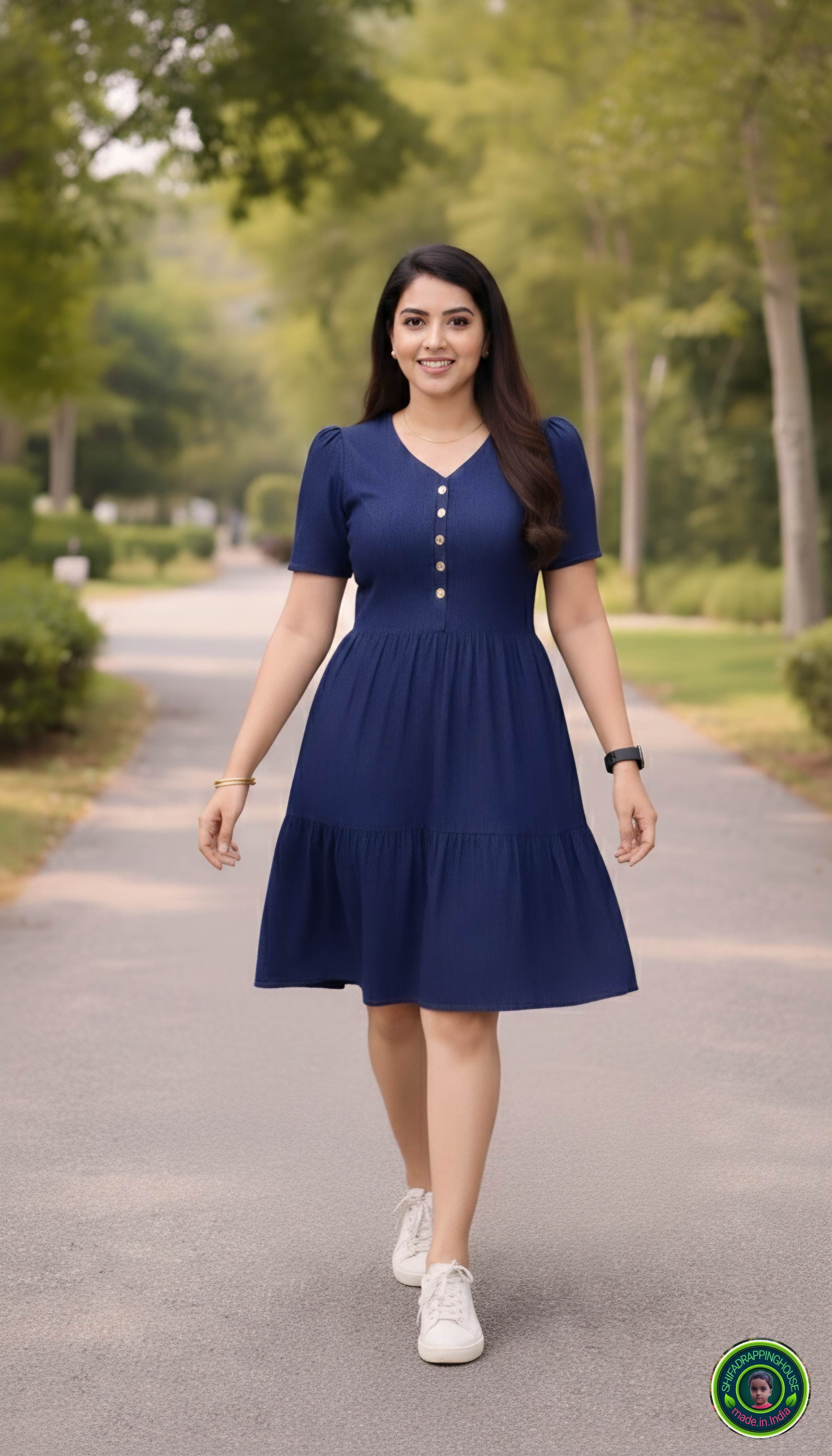 Luxury Navy Blue Denim Tiered Midi Dress with White Button Detail
