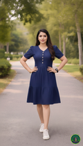 Luxury Navy Blue Denim Tiered Midi Dress with White Button Detail