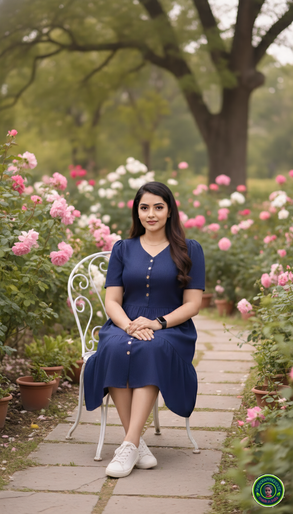 Luxury Navy Blue Denim Tiered Midi Dress with White Button Detail