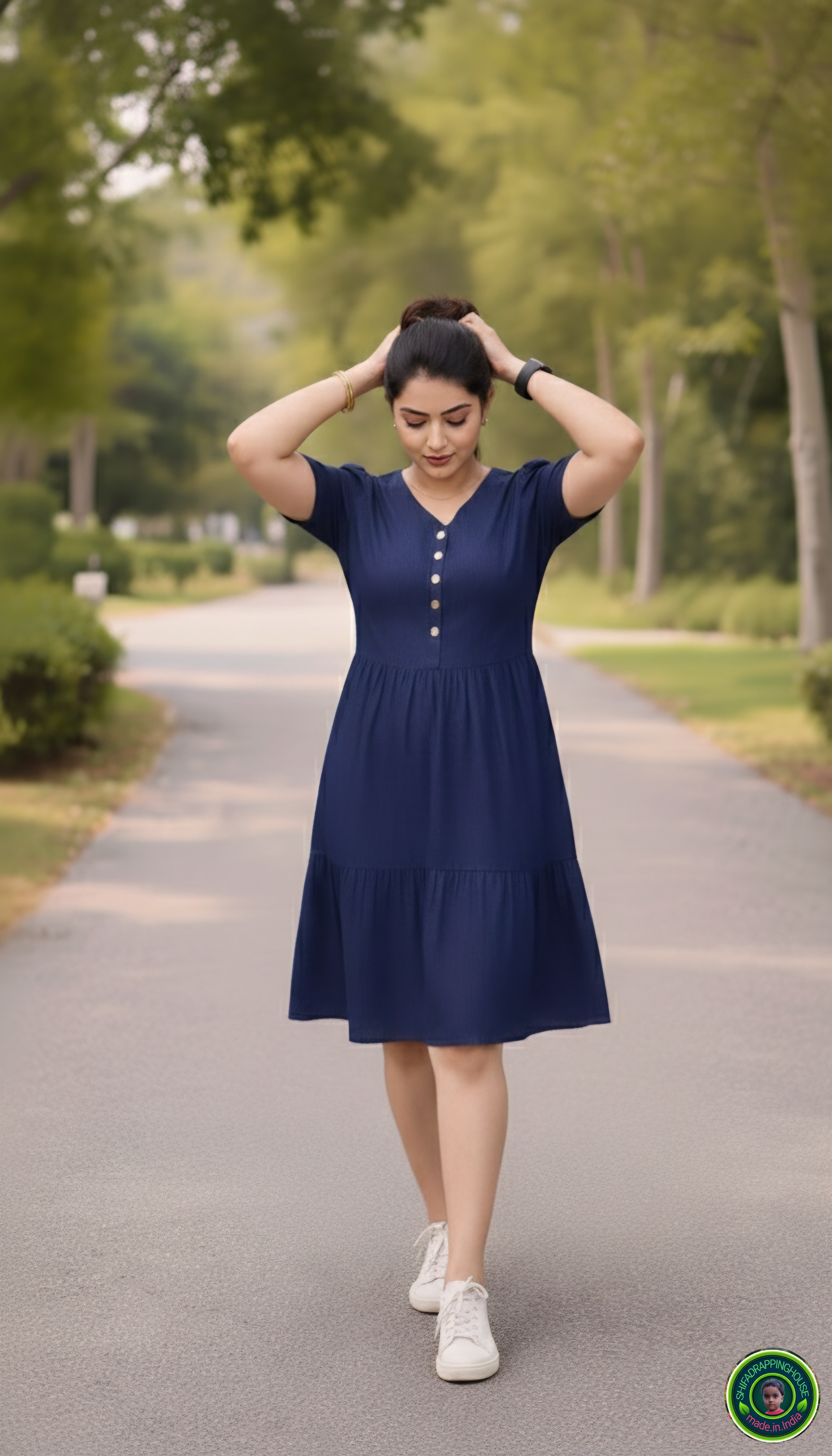 Luxury Navy Blue Denim Tiered Midi Dress with White Button Detail