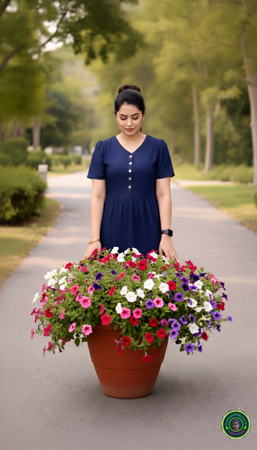 Luxury Navy Blue Denim Tiered Midi Dress with White Button Detail