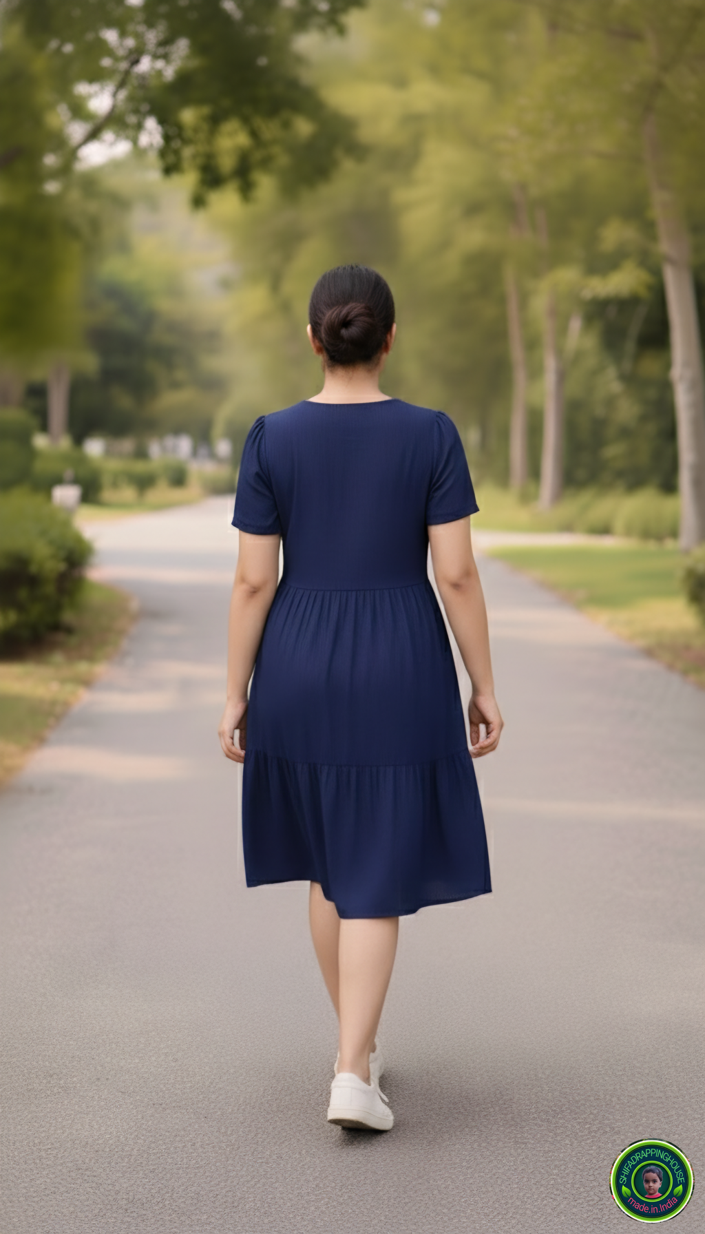 Luxury Navy Blue Denim Tiered Midi Dress with White Button Detail