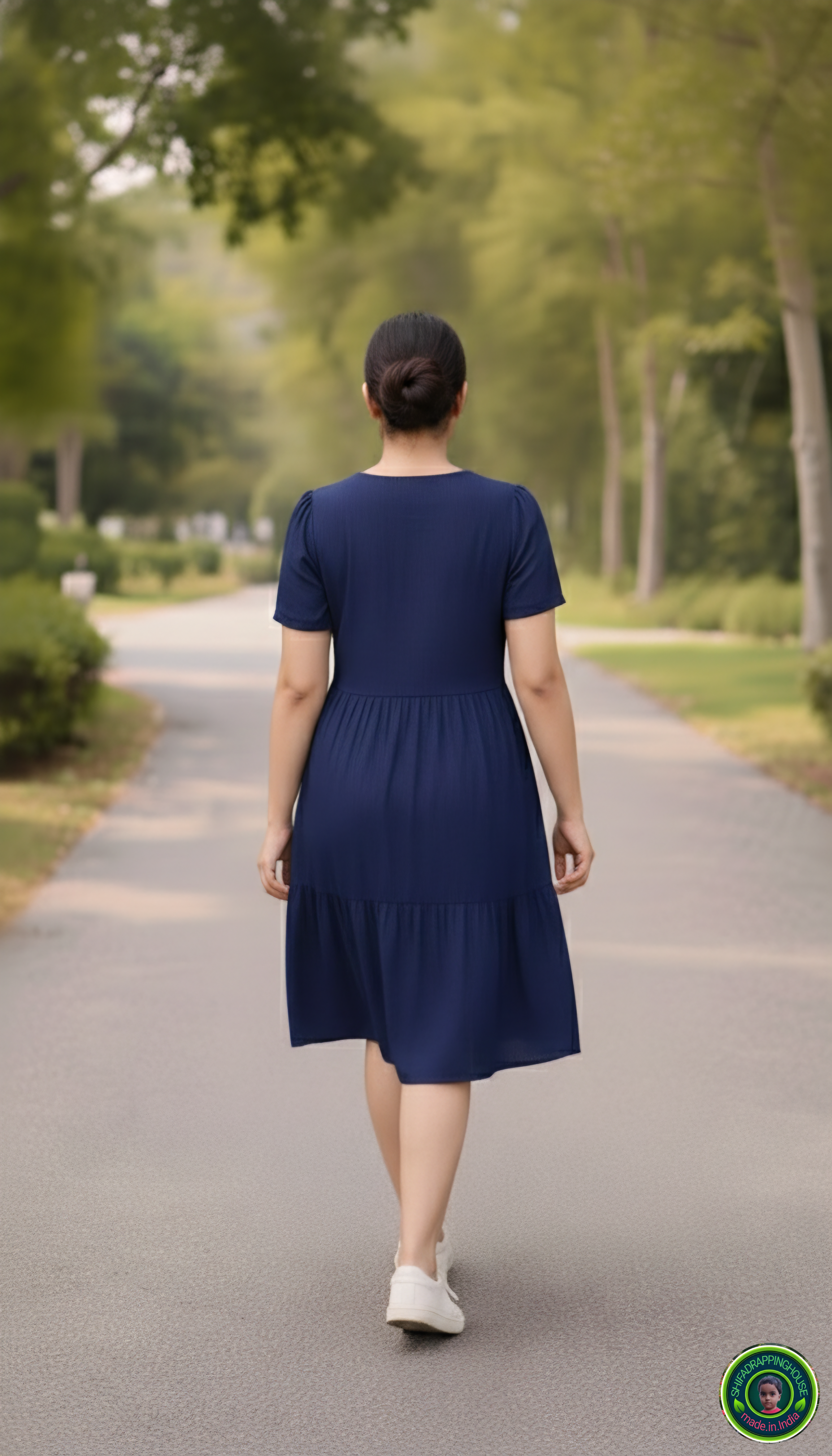 Luxury Navy Blue Denim Tiered Midi Dress with White Button Detail