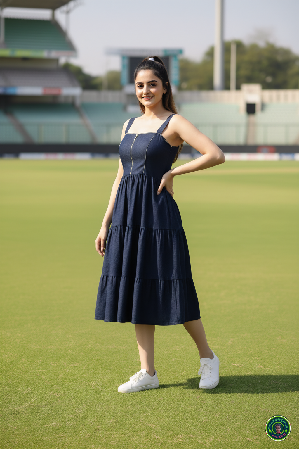 The Golden Era: 3-Layer Navy Denim Midi with Gold Coding Detail