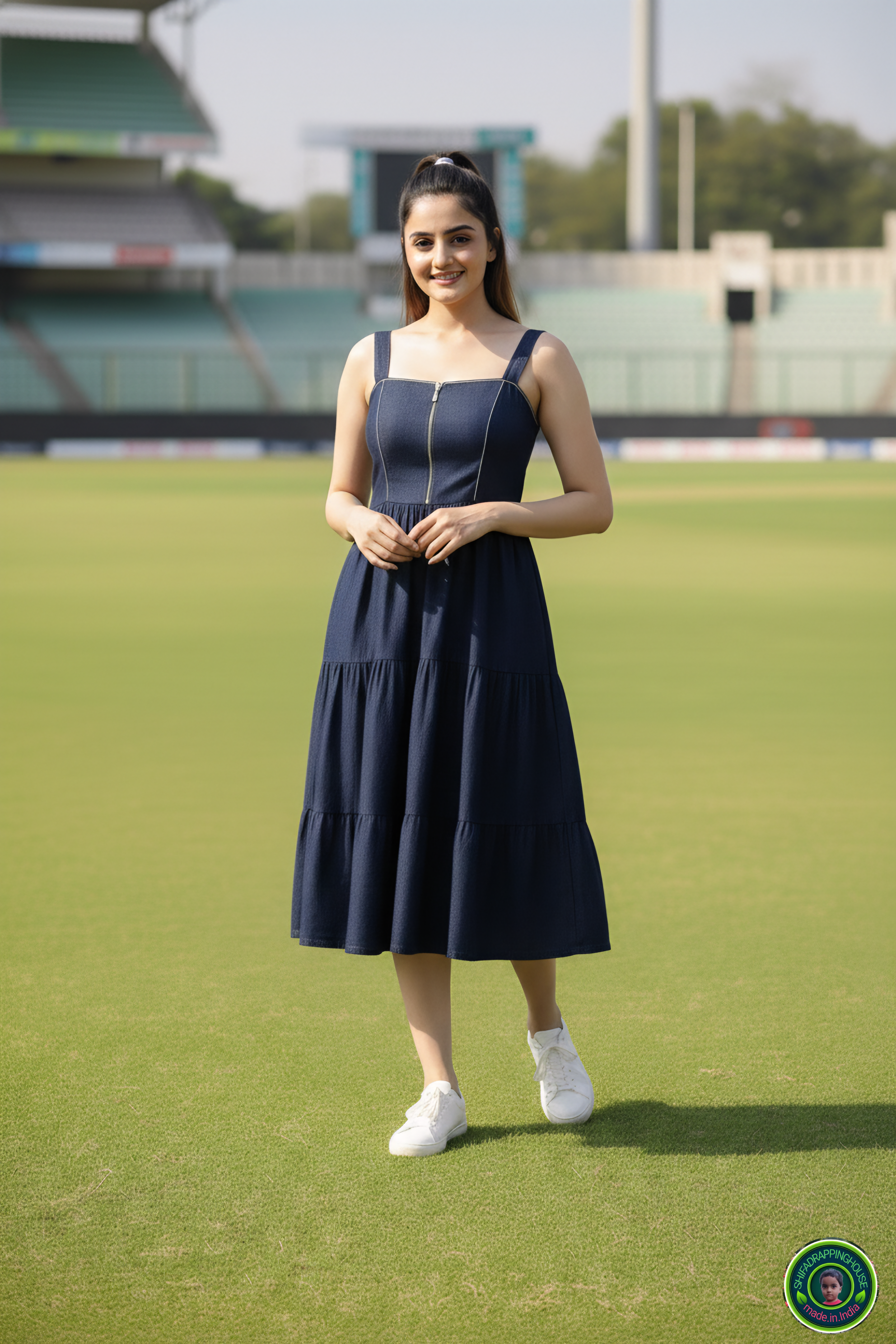 The Golden Era: 3-Layer Navy Denim Midi with Gold Coding Detail