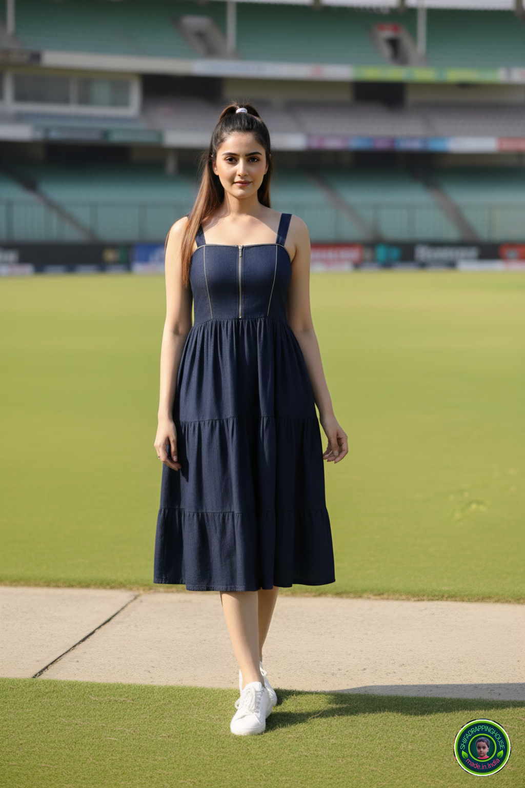 The Golden Era: 3-Layer Navy Denim Midi with Gold Coding Detail