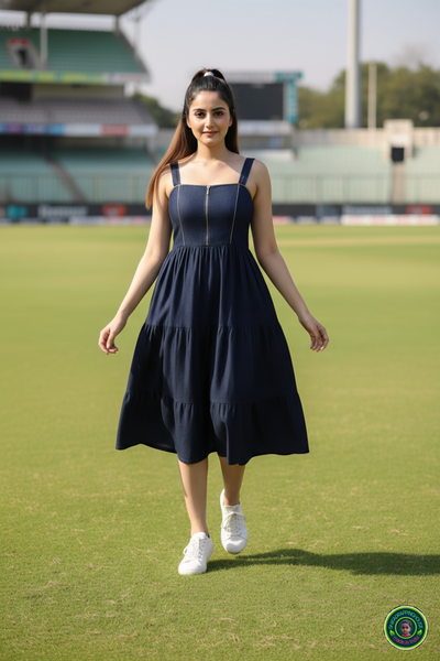 The Golden Era: 3-Layer Navy Denim Midi with Gold Coding Detail