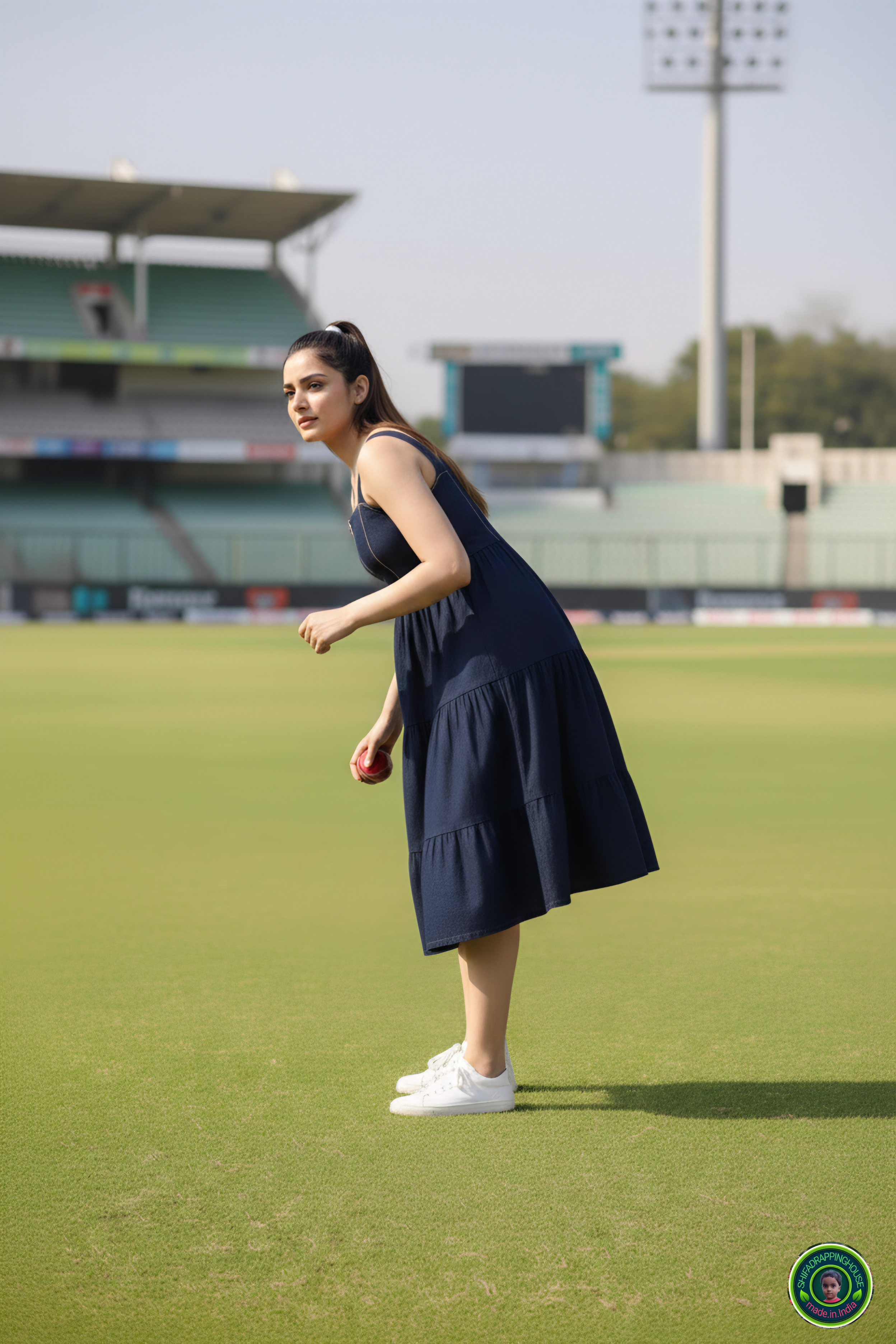 The Golden Era: 3-Layer Navy Denim Midi with Gold Coding Detail