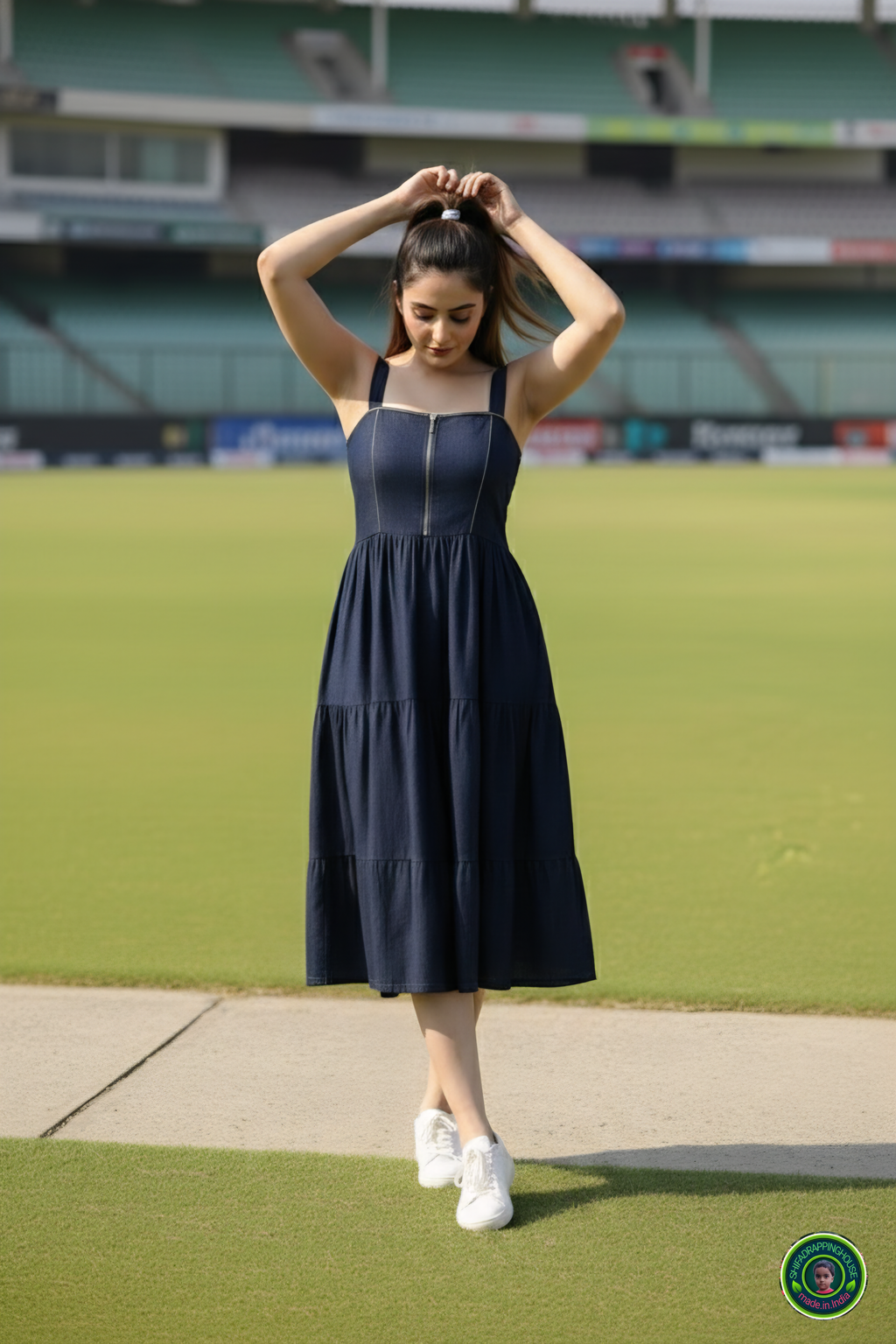 The Golden Era: 3-Layer Navy Denim Midi with Gold Coding Detail