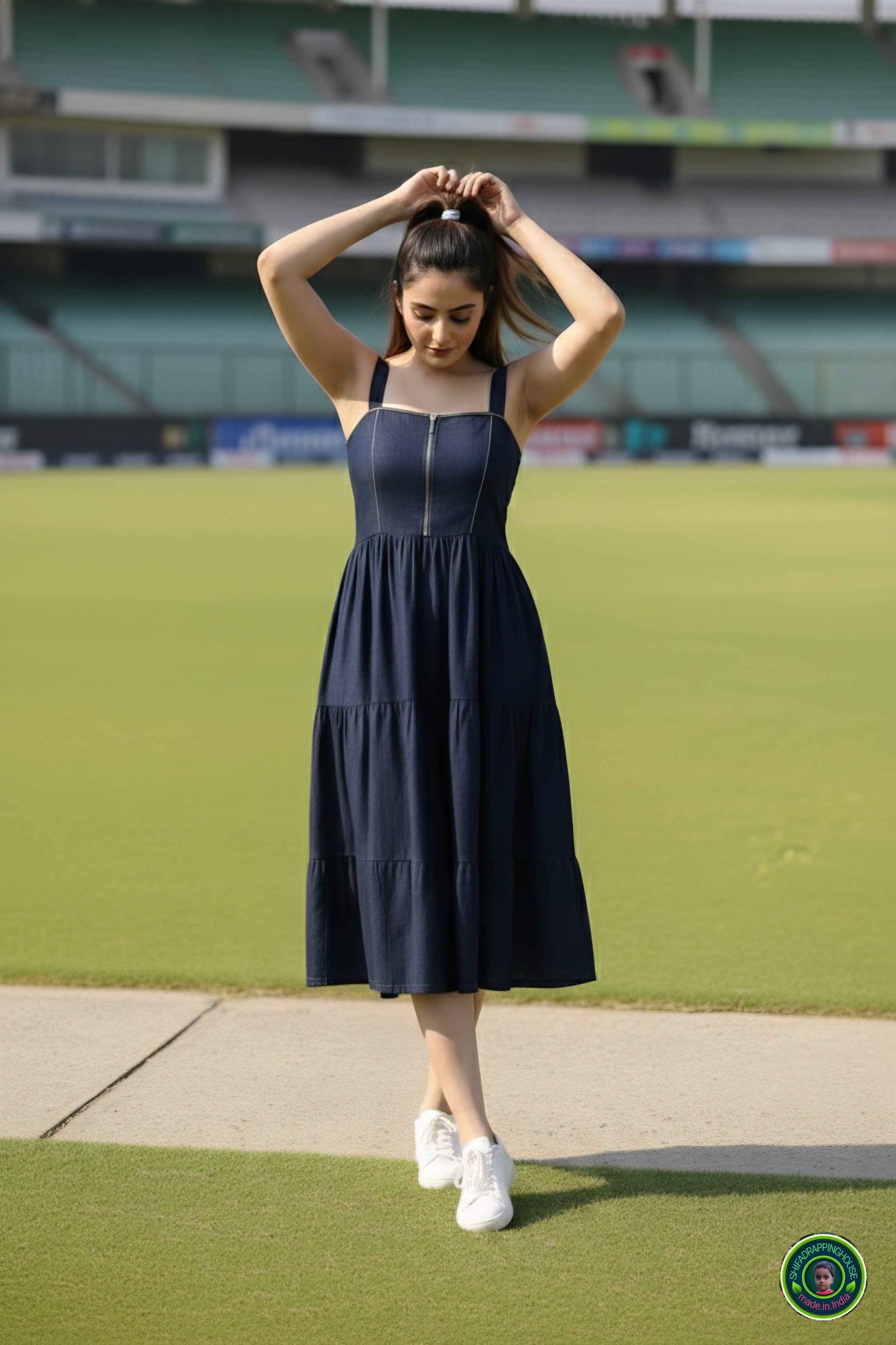 The Golden Era: 3-Layer Navy Denim Midi with Gold Coding Detail