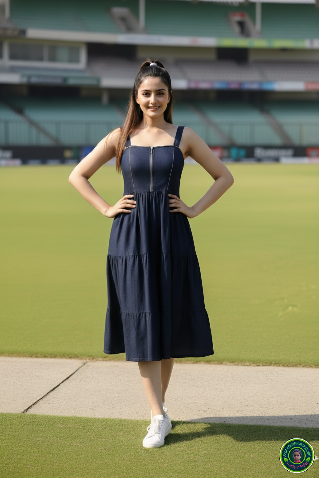 The Golden Era: 3-Layer Navy Denim Midi with Gold Coding Detail