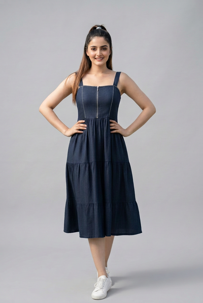 Woman in a navy dress standing on a cricket field