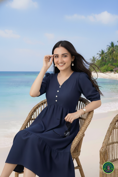 Handcrafted Navy Blue Denim Indo-Western Midi Dress with V-Neck, White Contrast Buttons & Tiered Gathering