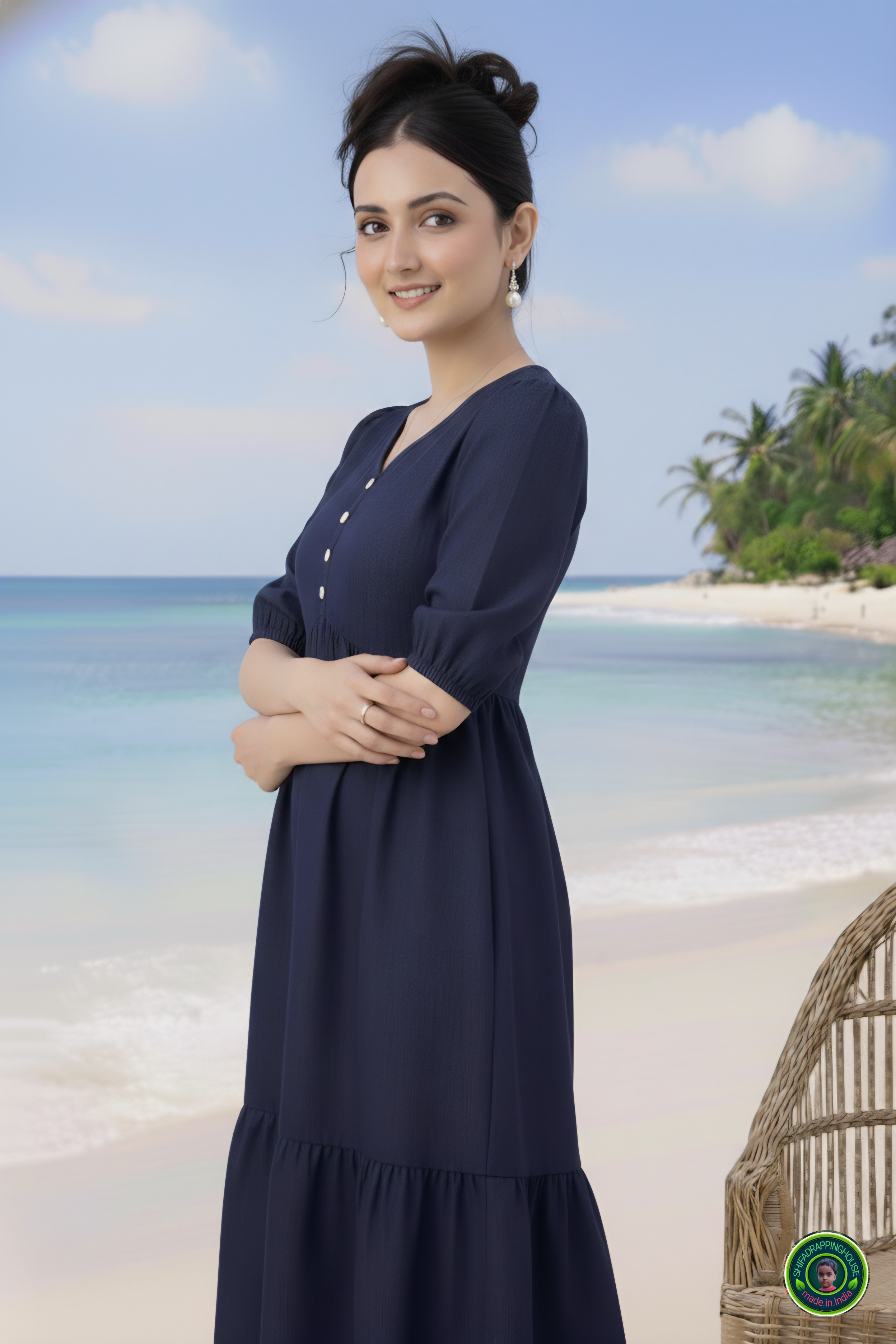 Handcrafted Navy Blue Denim Indo-Western Midi Dress with V-Neck, White Contrast Buttons & Tiered Gathering