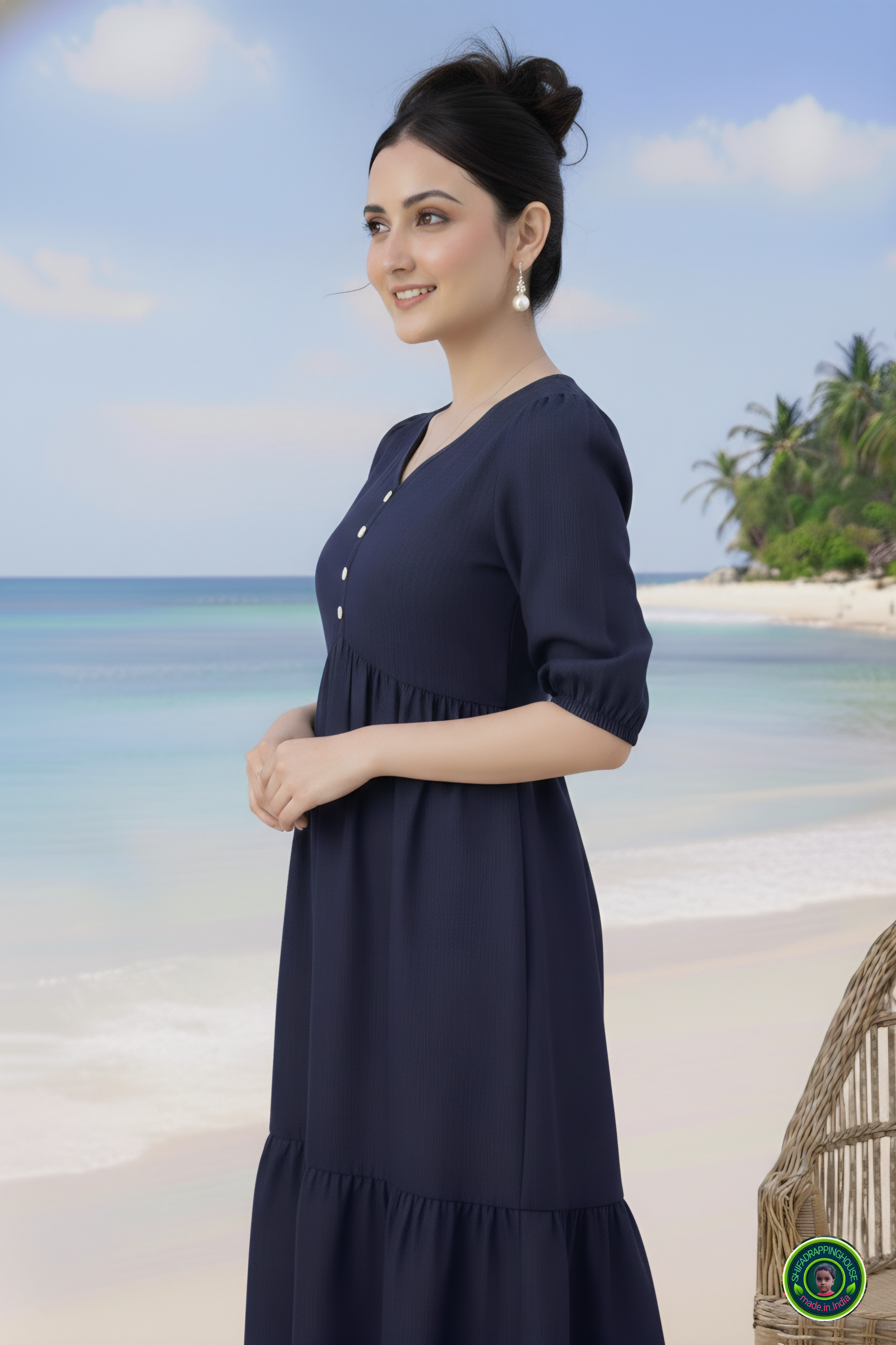 Handcrafted Navy Blue Denim Indo-Western Midi Dress with V-Neck, White Contrast Buttons & Tiered Gathering