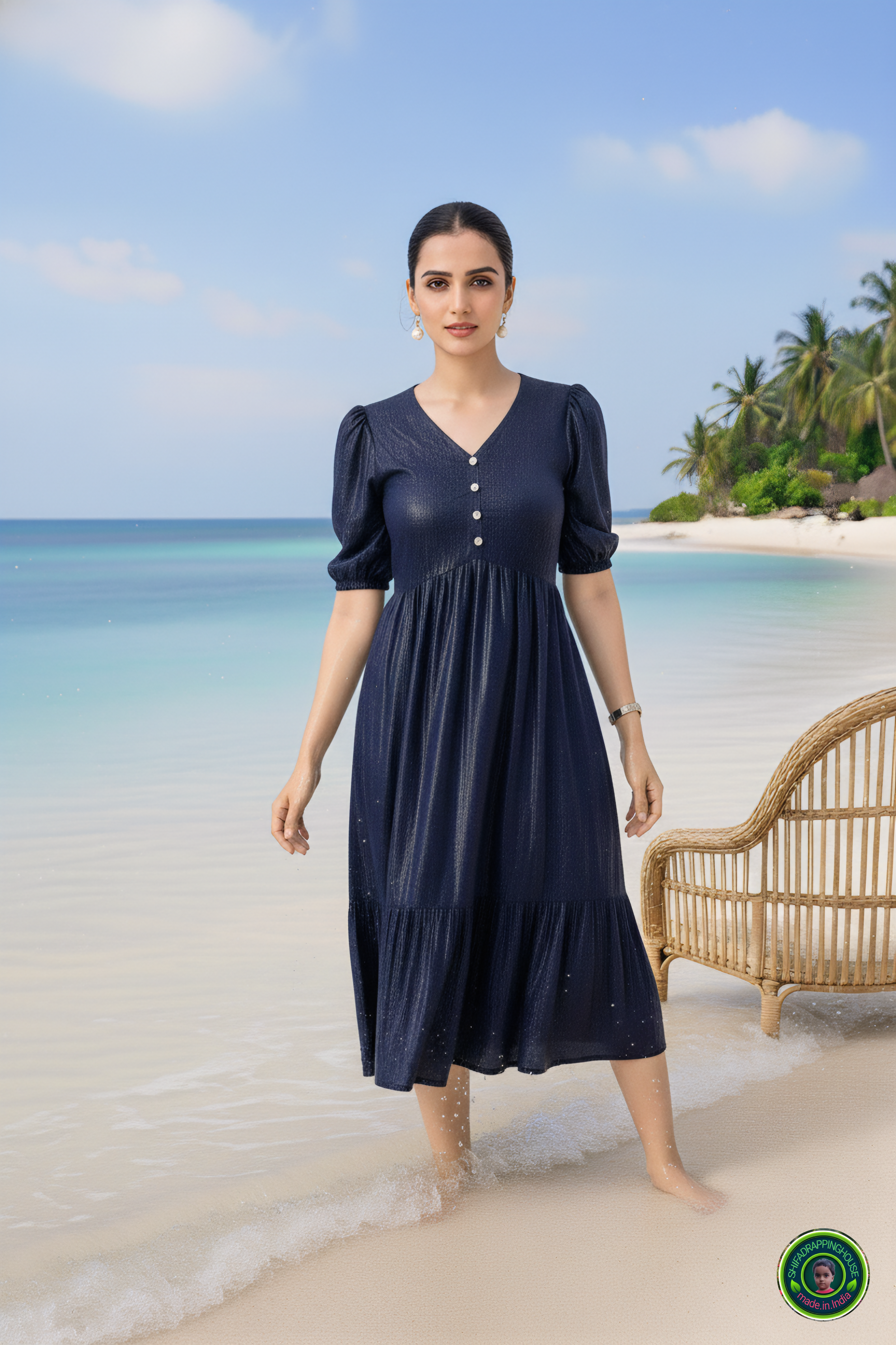 Handcrafted Navy Blue Denim Indo-Western Midi Dress with V-Neck, White Contrast Buttons & Tiered Gathering