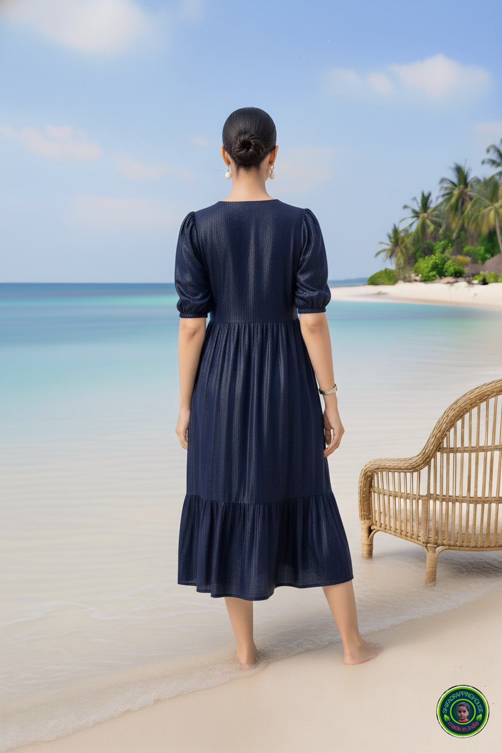 Handcrafted Navy Blue Denim Indo-Western Midi Dress with V-Neck, White Contrast Buttons & Tiered Gathering