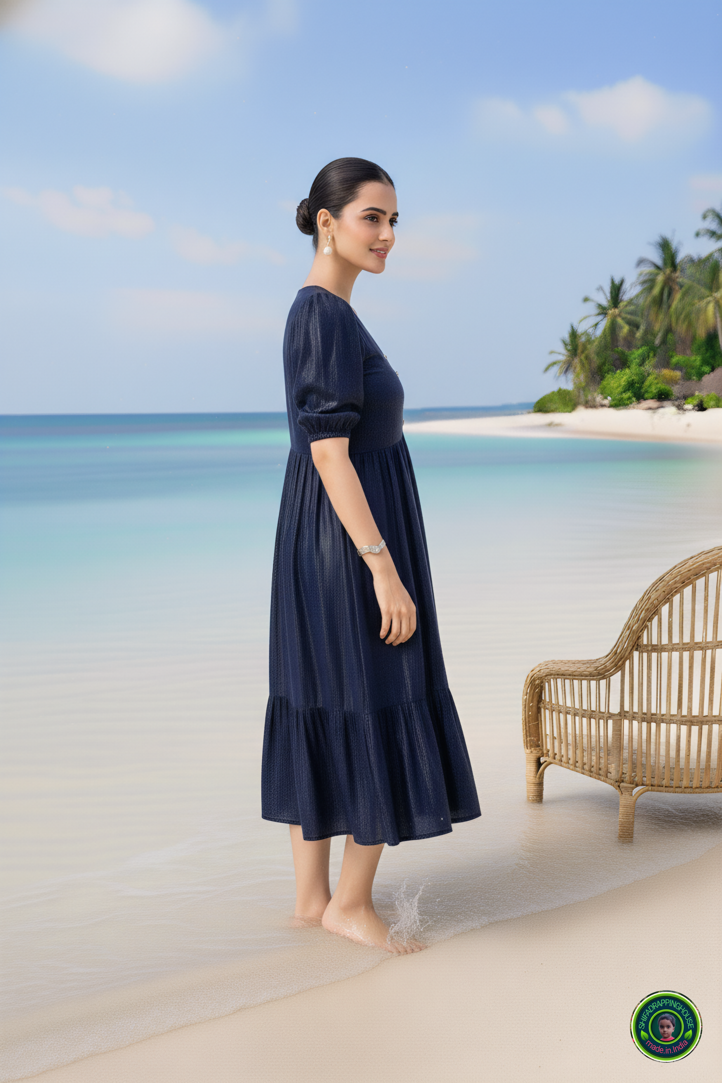 Handcrafted Navy Blue Denim Indo-Western Midi Dress with V-Neck, White Contrast Buttons & Tiered Gathering