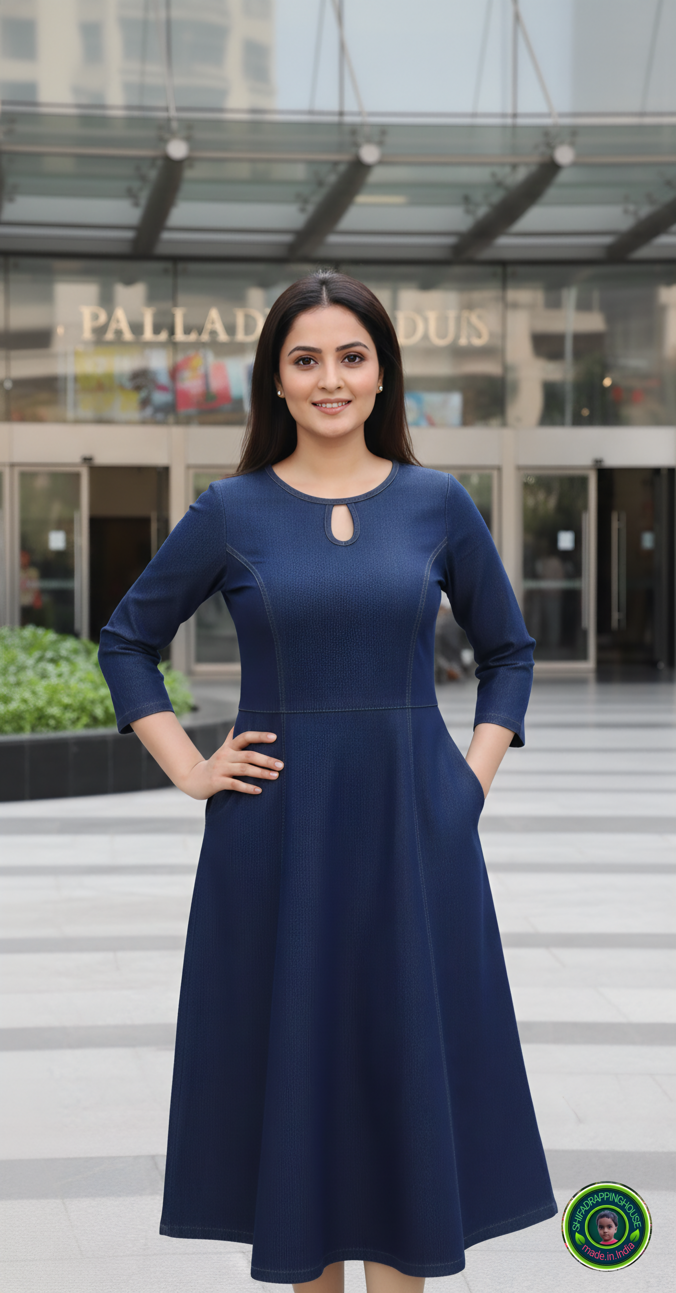 Royal Navy Blue Denim Indo-Western Midi Dress with Full-Length Princess Cut & Side Pockets