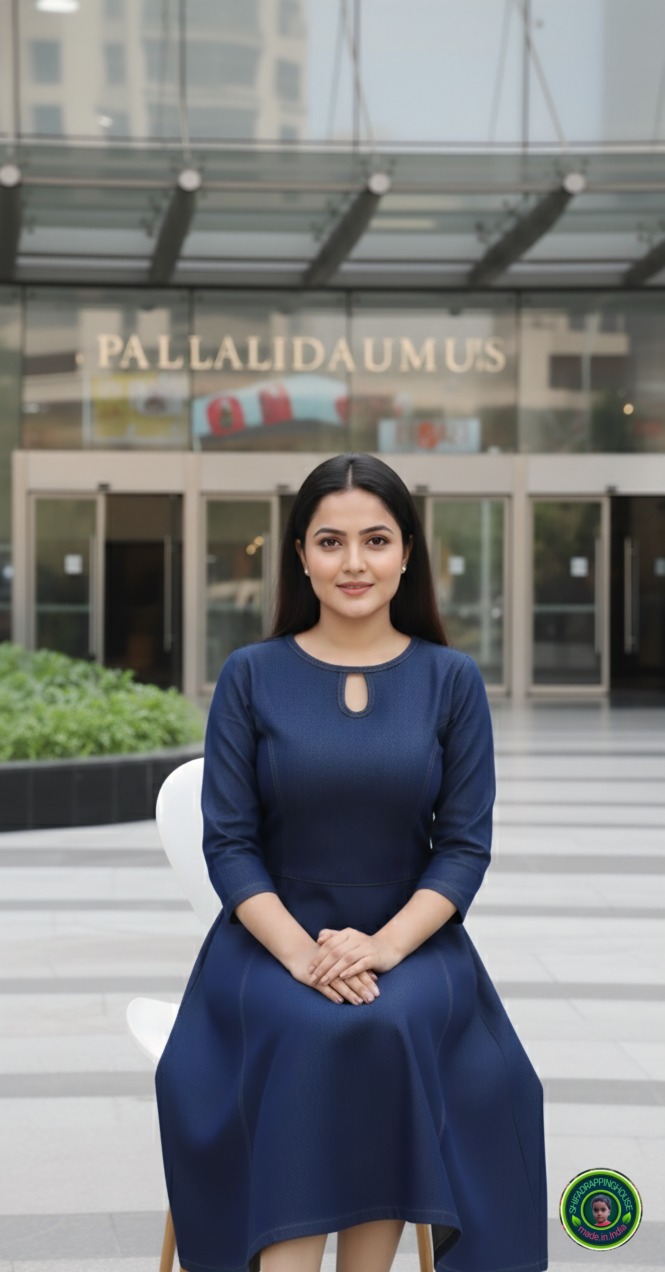 Royal Navy Blue Denim Indo-Western Midi Dress with Full-Length Princess Cut & Side Pockets