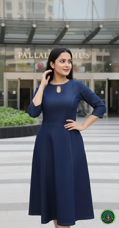 Royal Navy Blue Denim Indo-Western Midi Dress with Full-Length Princess Cut & Side Pockets