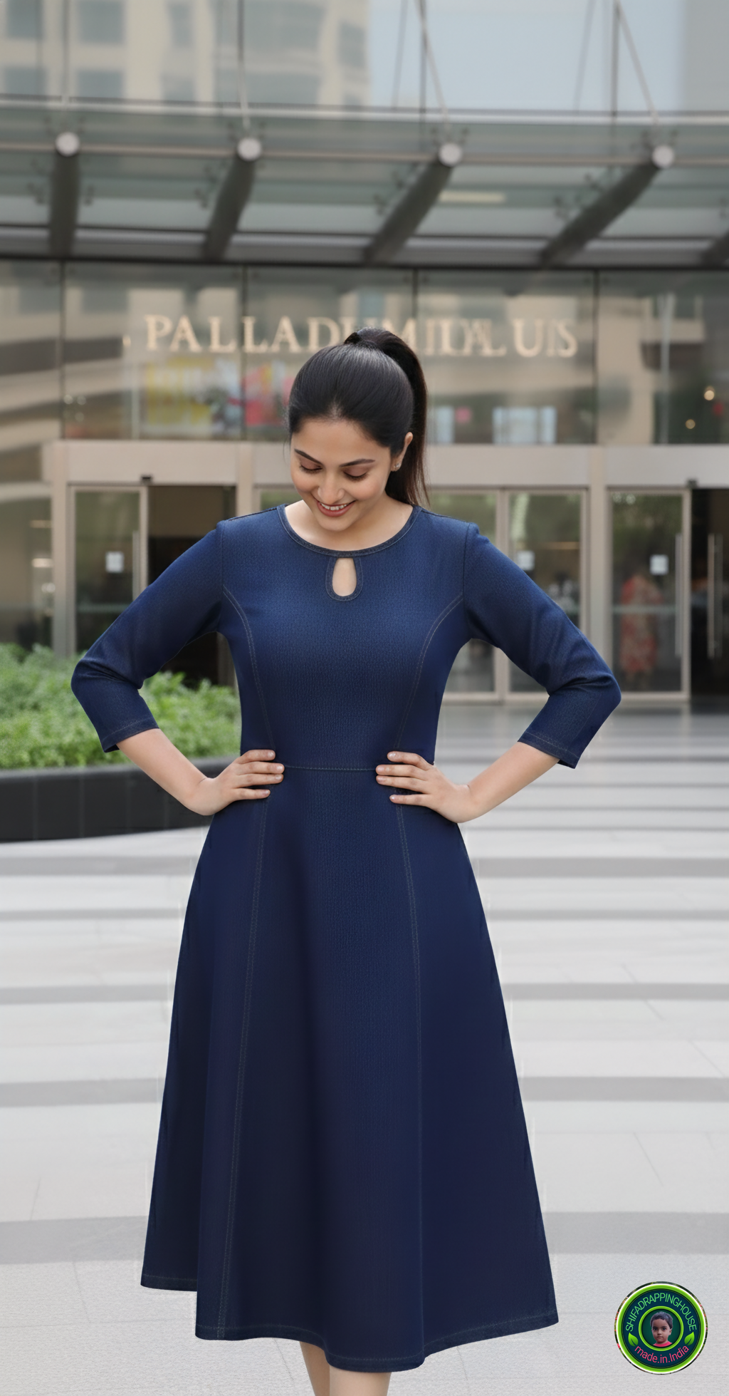 Royal Navy Blue Denim Indo-Western Midi Dress with Full-Length Princess Cut & Side Pockets