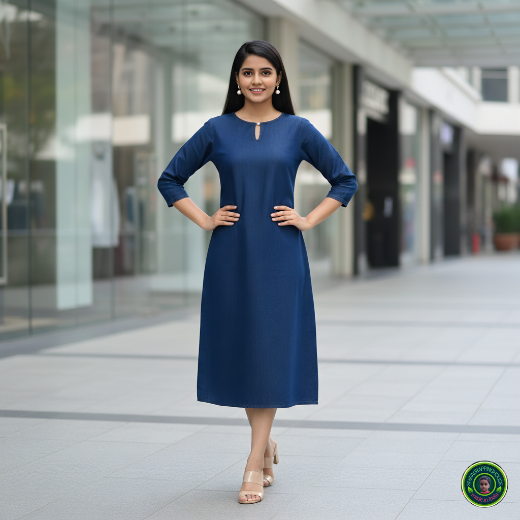 Premium Navy Blue Denim A-Line Midi Dress with Keyhole Neck - Shifa Drapping House Exclusive