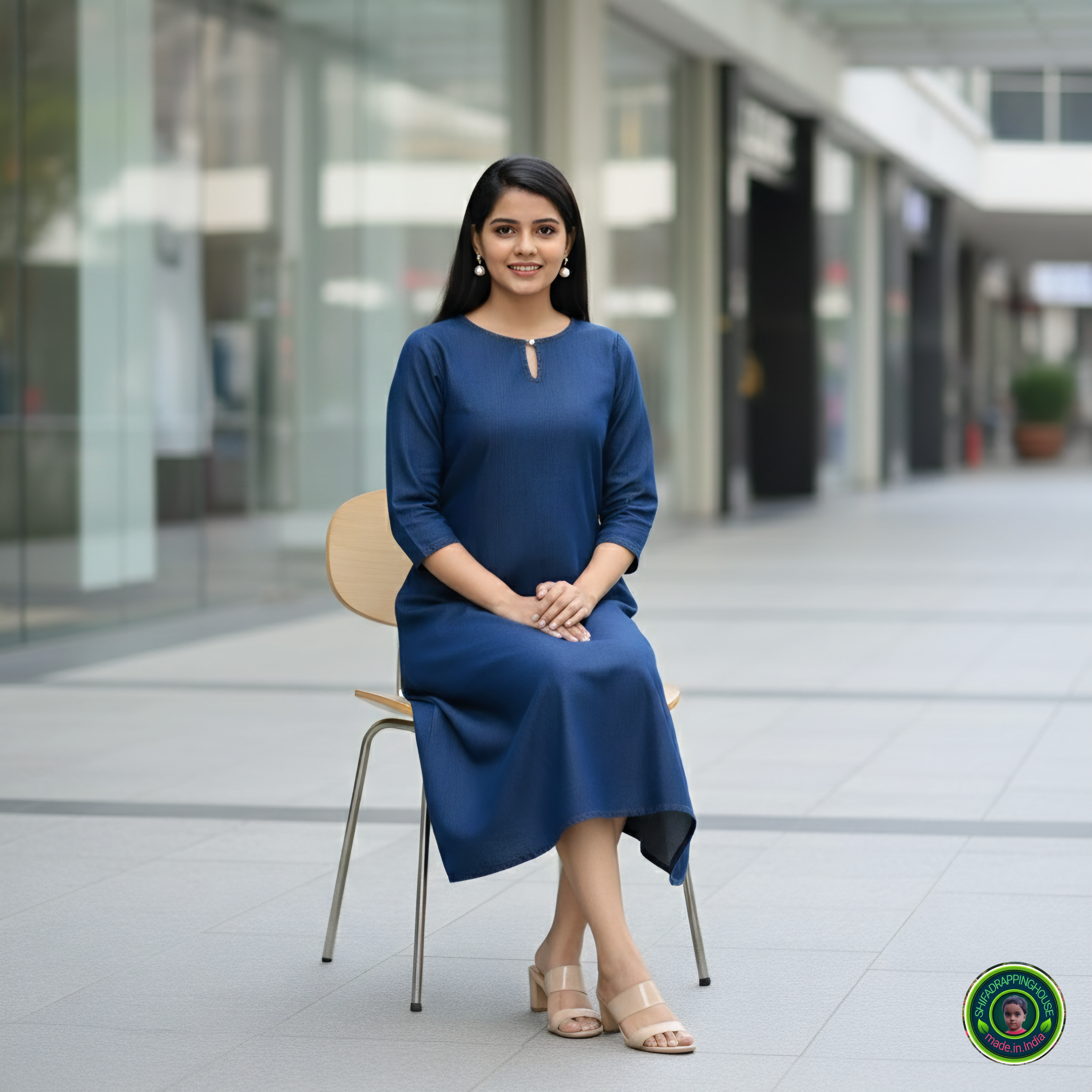 Premium Navy Blue Denim A-Line Midi Dress with Keyhole Neck - Shifa Drapping House Exclusive