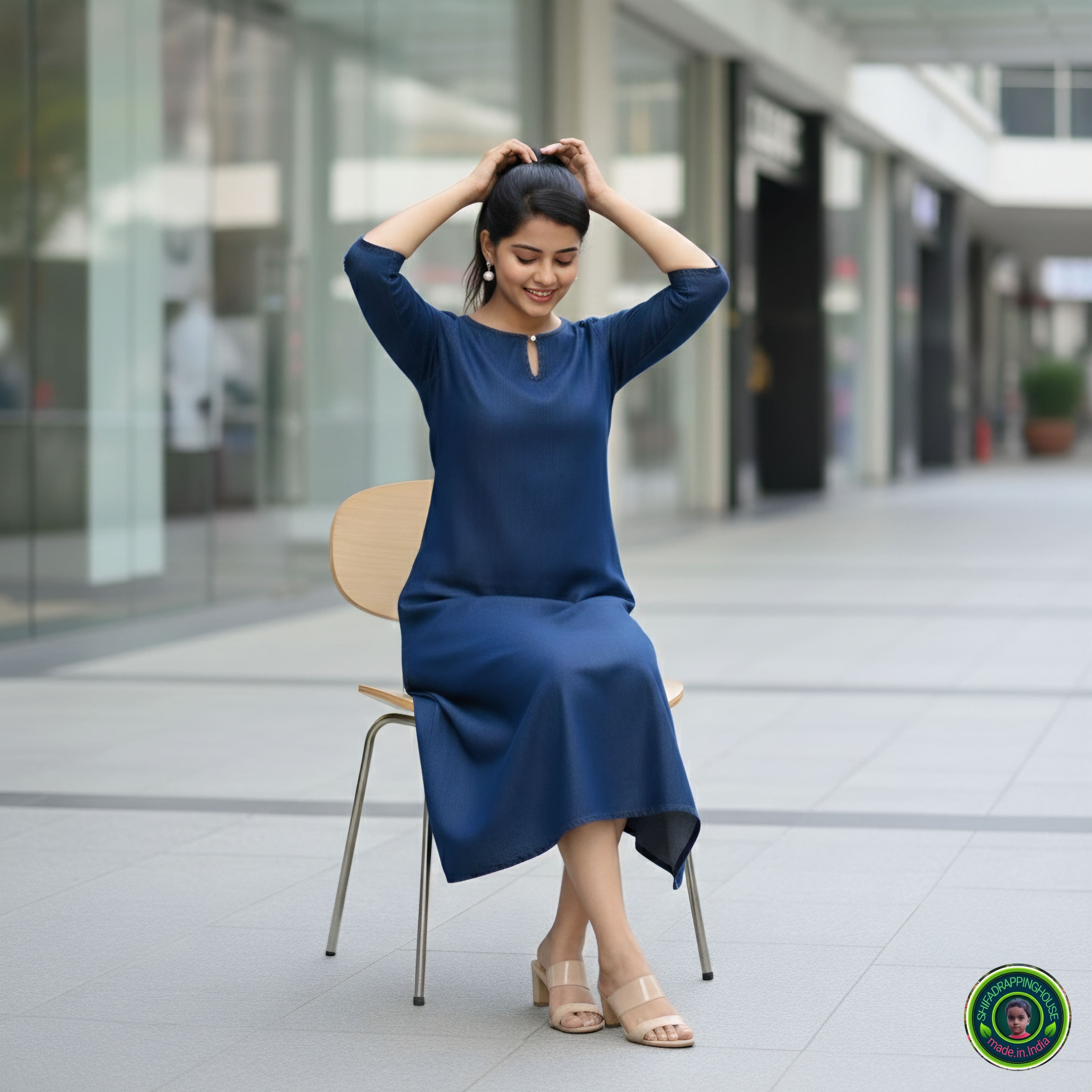 Premium Navy Blue Denim A-Line Midi Dress with Keyhole Neck - Shifa Drapping House Exclusive