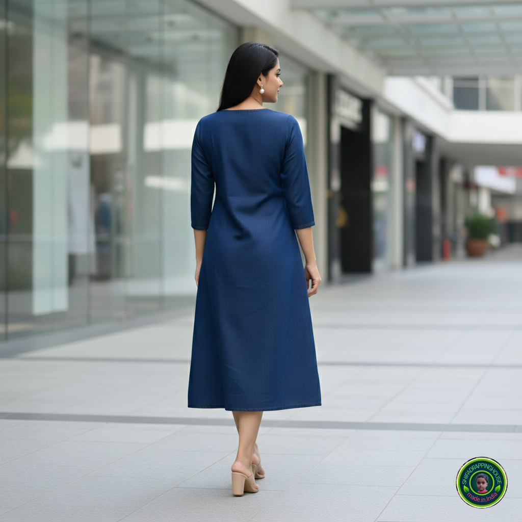 Premium Navy Blue Denim A-Line Midi Dress with Keyhole Neck - Shifa Drapping House Exclusive
